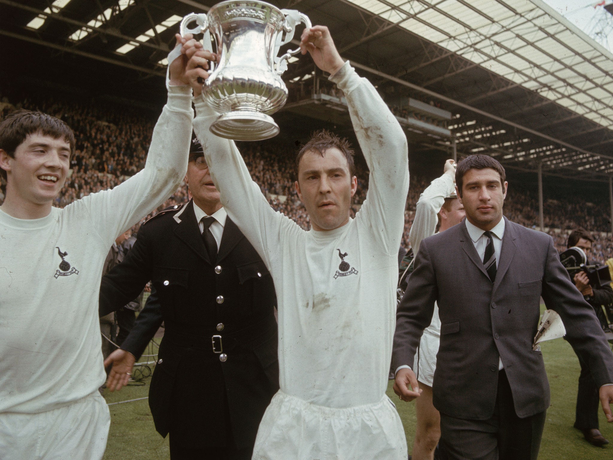 Joe Kinnear and Jimmy Greaves of Tottenham Hotspur football club celebrate after beating Chelsea in the 1967 FA Cup Final.