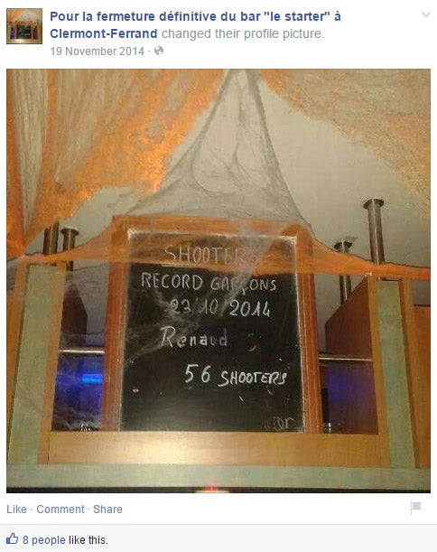 The Facebook post shows Renaud's fatal record written on a blackboard, apparently at the Le Starter bar