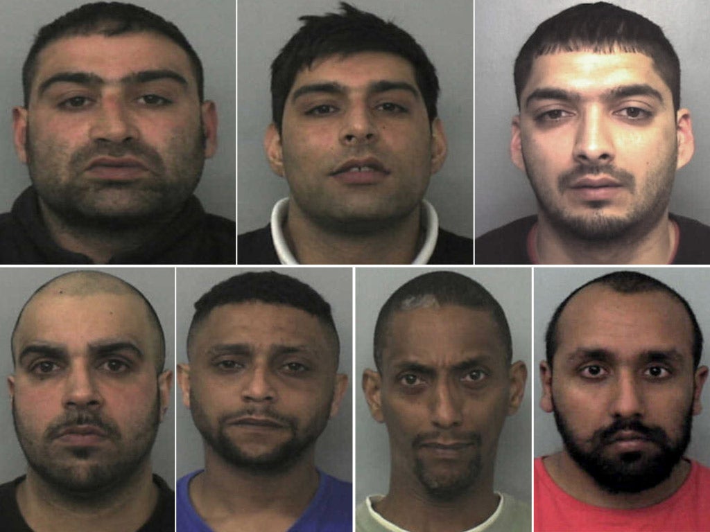 The seven members of the child sex trafficking ring:(Top row from left) Akhtar Dogar, Anjum Dogar, Kamar Jamil; (Bottom row from left) Assad Hussain, Bassam Karrar, Mohammed Karrar and Zeeshan Ahmed