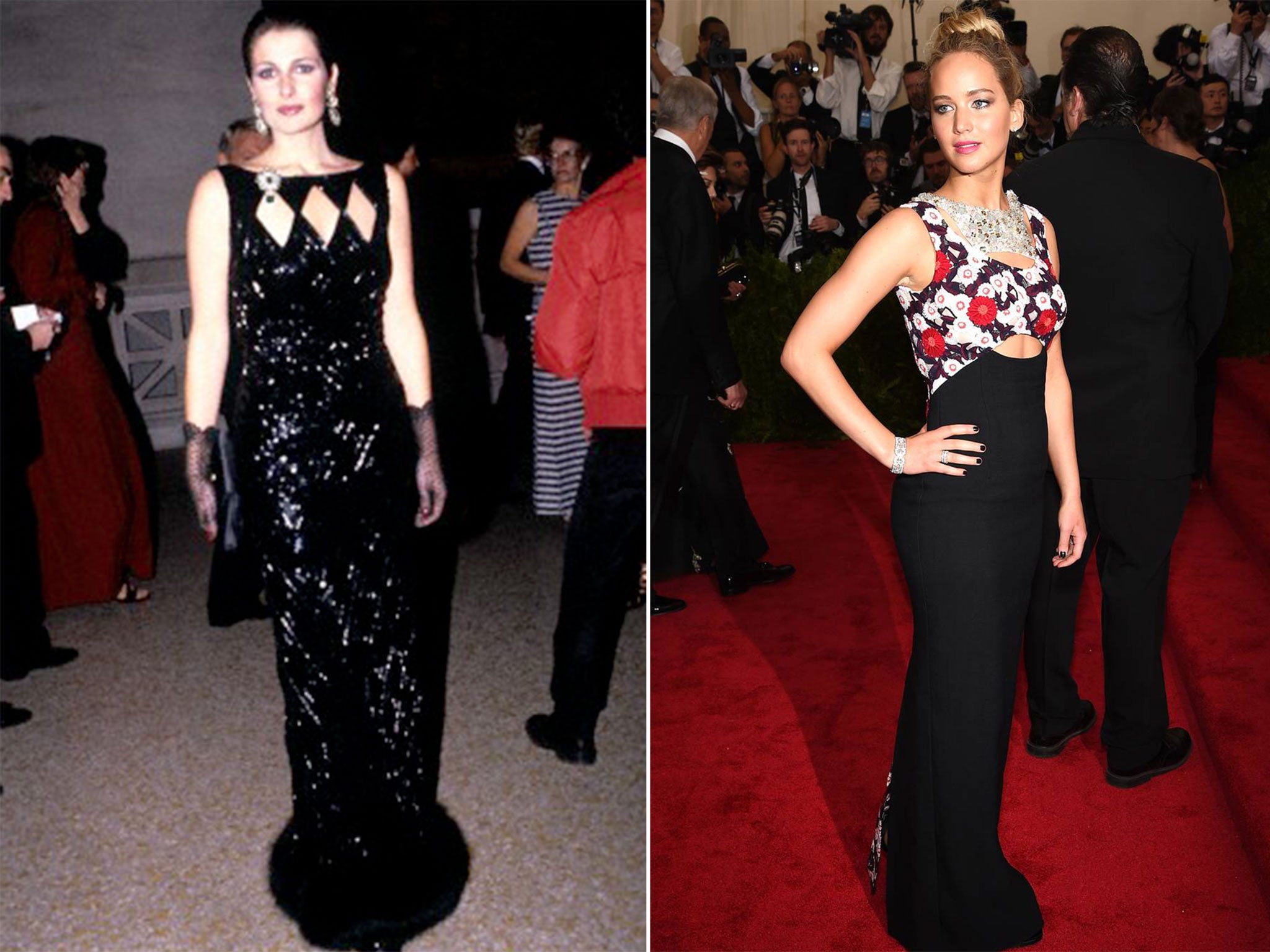 Cristina DeLorean wearing a vintage Rochas gown in 1981 - Jennifer Lawrence in Dior.