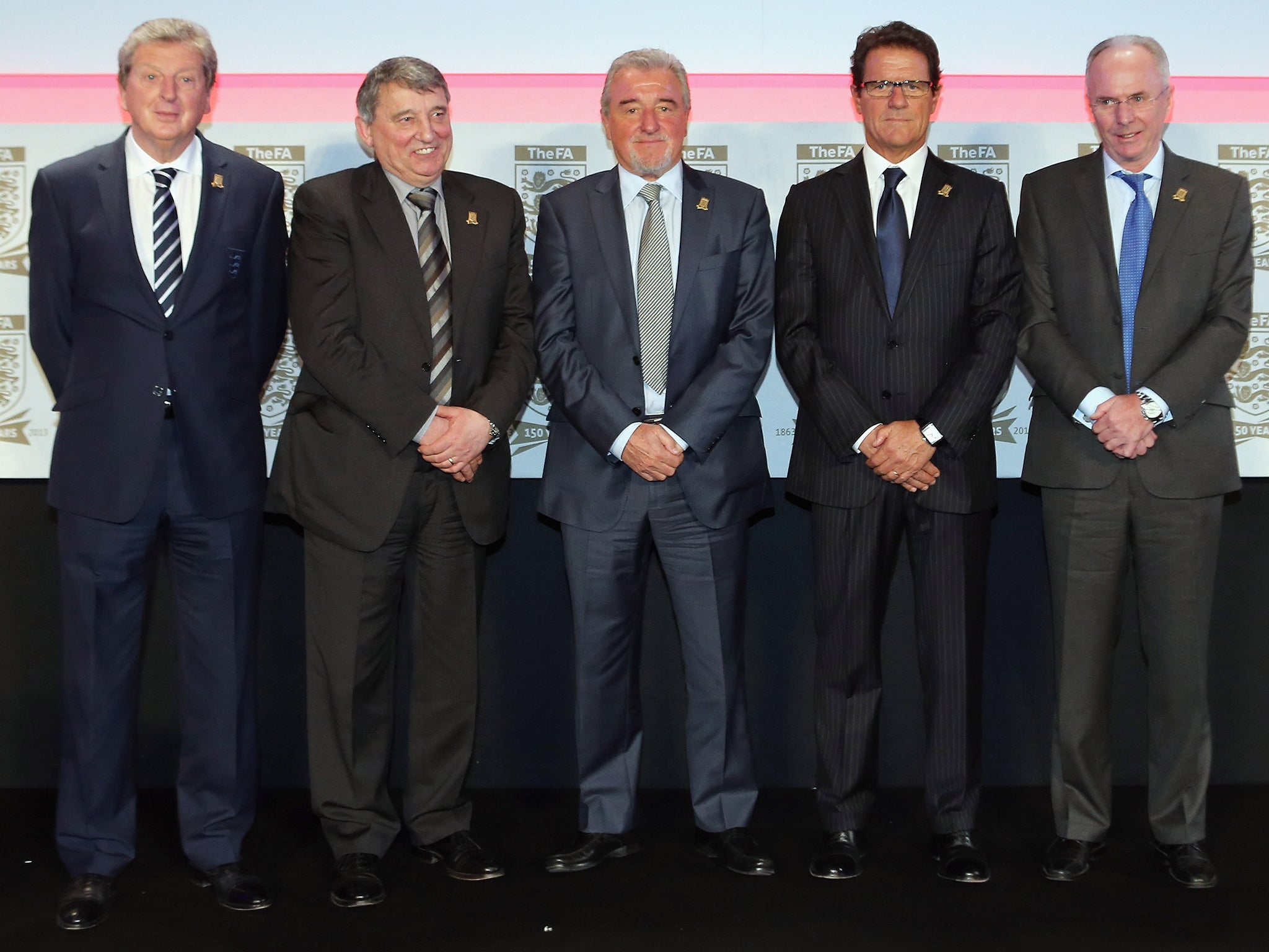 England manager Roy Hodgson (L) poses with former England managers (L-R) Graham Taylor, Terry Venables, Fabio Capello and Sven-Goran Eriksson