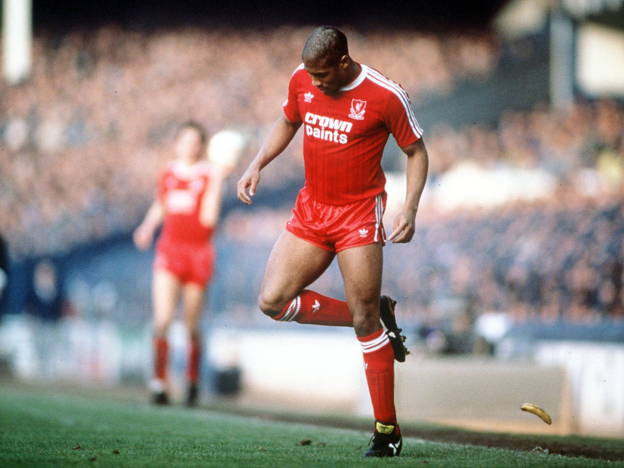 Liverpool’s John Barnes kicks a banana thrown at him from the crowd at Goodison Park in 1988