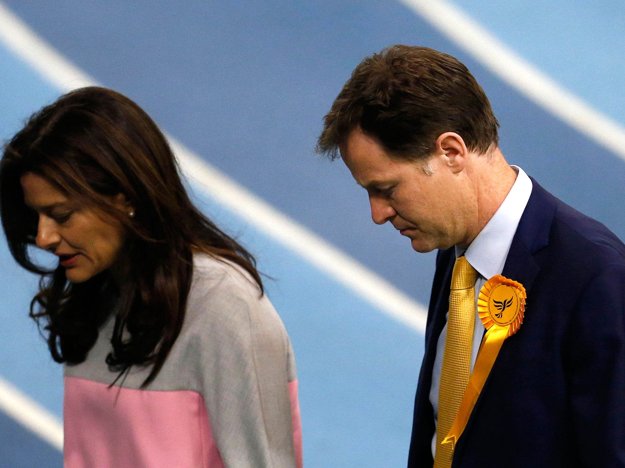 Liberal Democrat leader Nick Clegg and wife Miriam Gonzalez Durantez leave after winning his Sheffield Hallam seat in Britain's general election in Sheffield