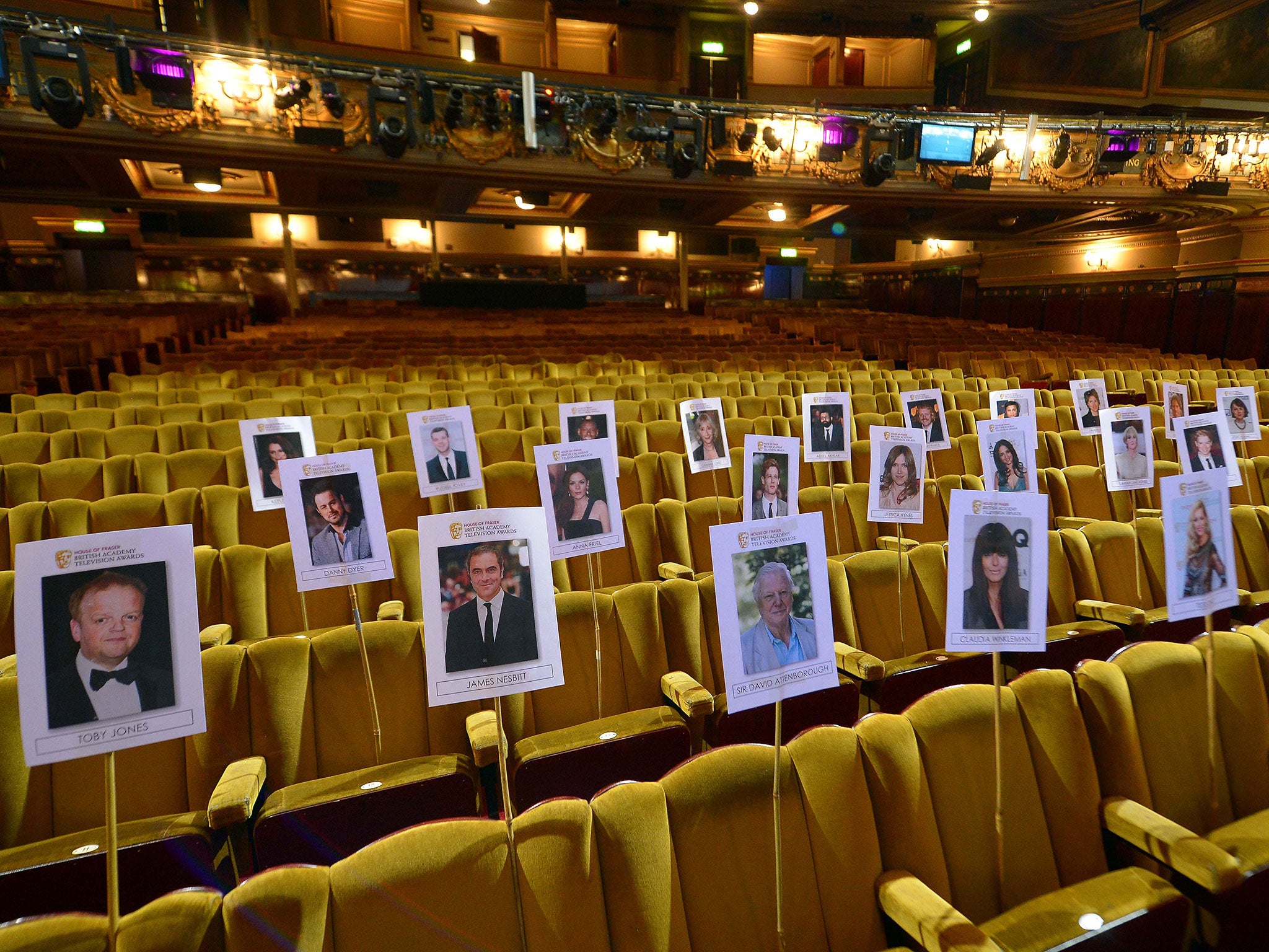 Staff prepare seating arrangements ahead of the TV Baftas