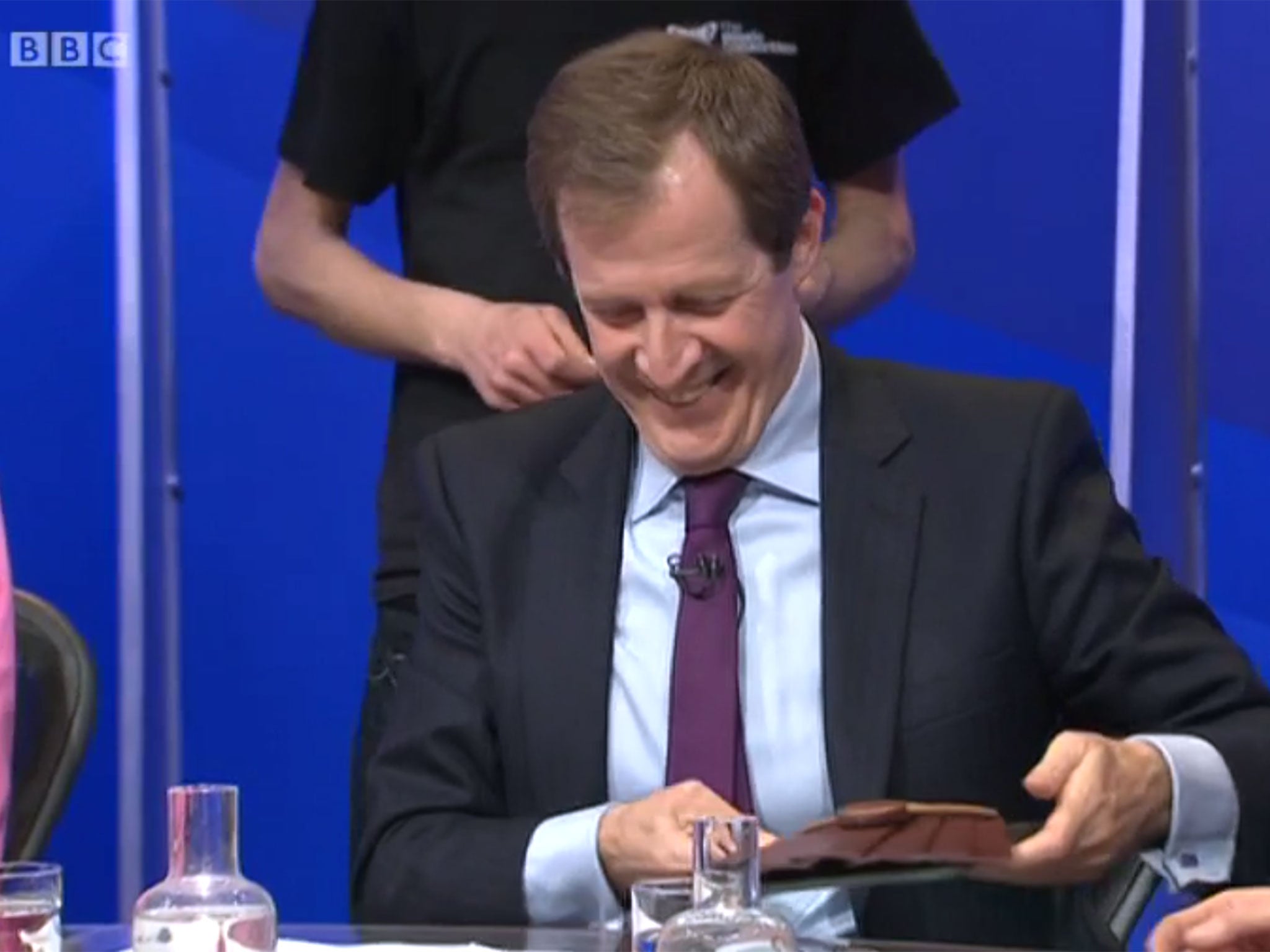 Alastair Campbell is handed a chocolate kilt on Question Time