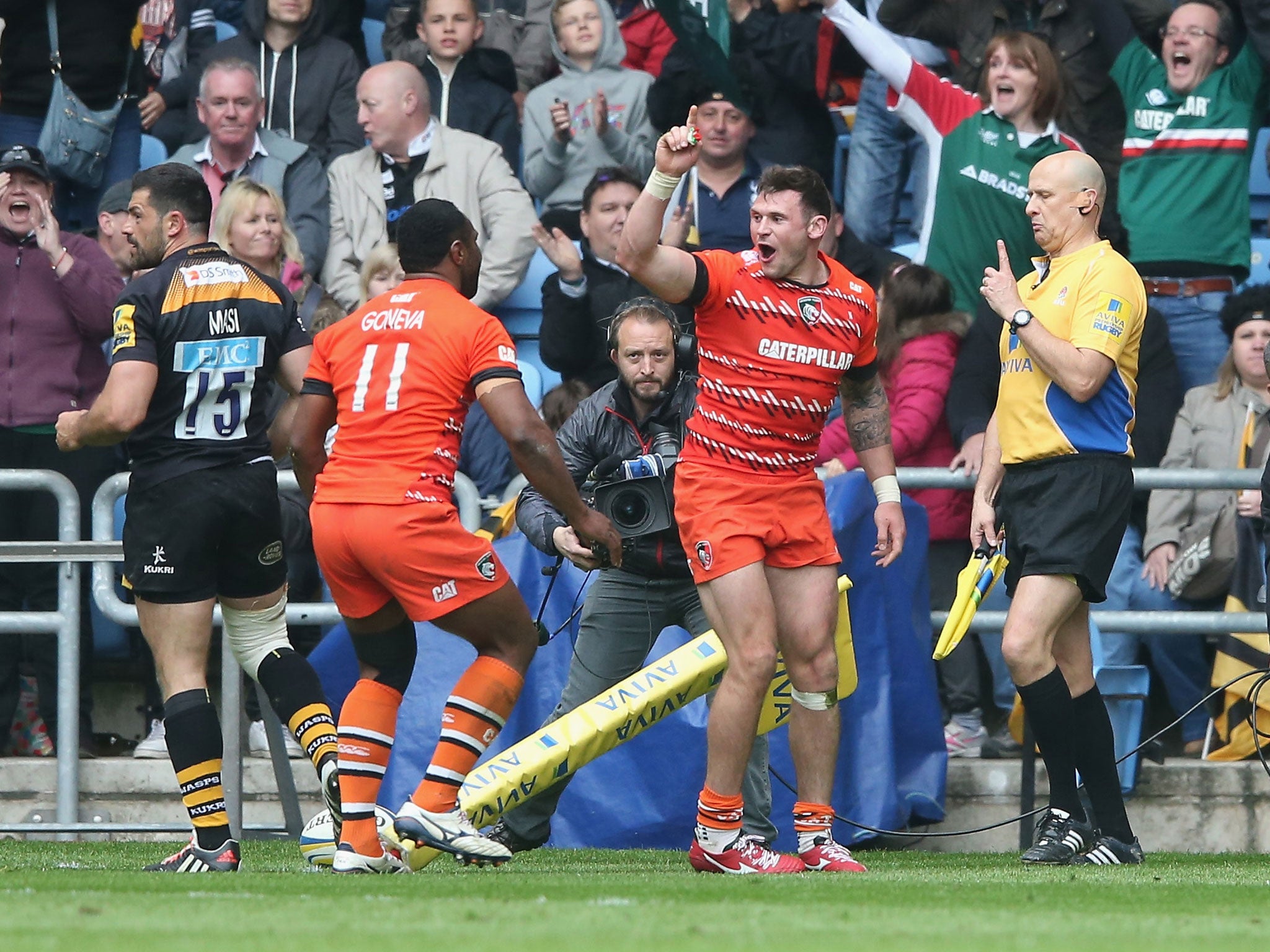 Adam Thompstone celebrates after scoring the decisive try