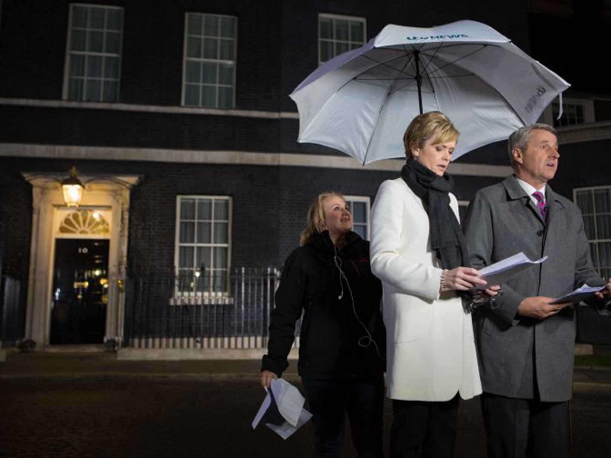 The ITV news team getting ready to broadcast outside of Number 10 Downing Street