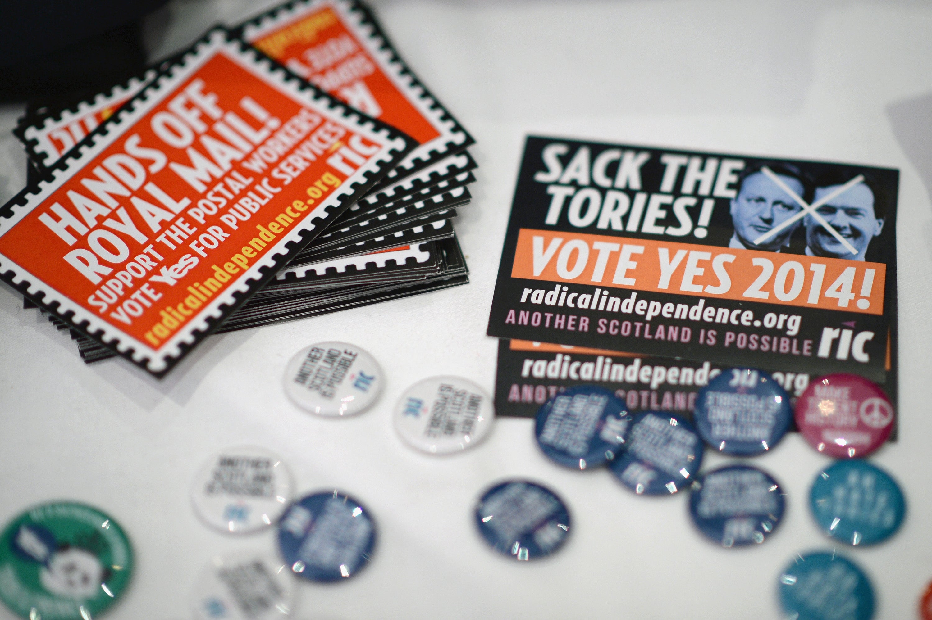 Leaflets and badges at the 2013 conference of Radical Independence, the left-wing pro-independence political group