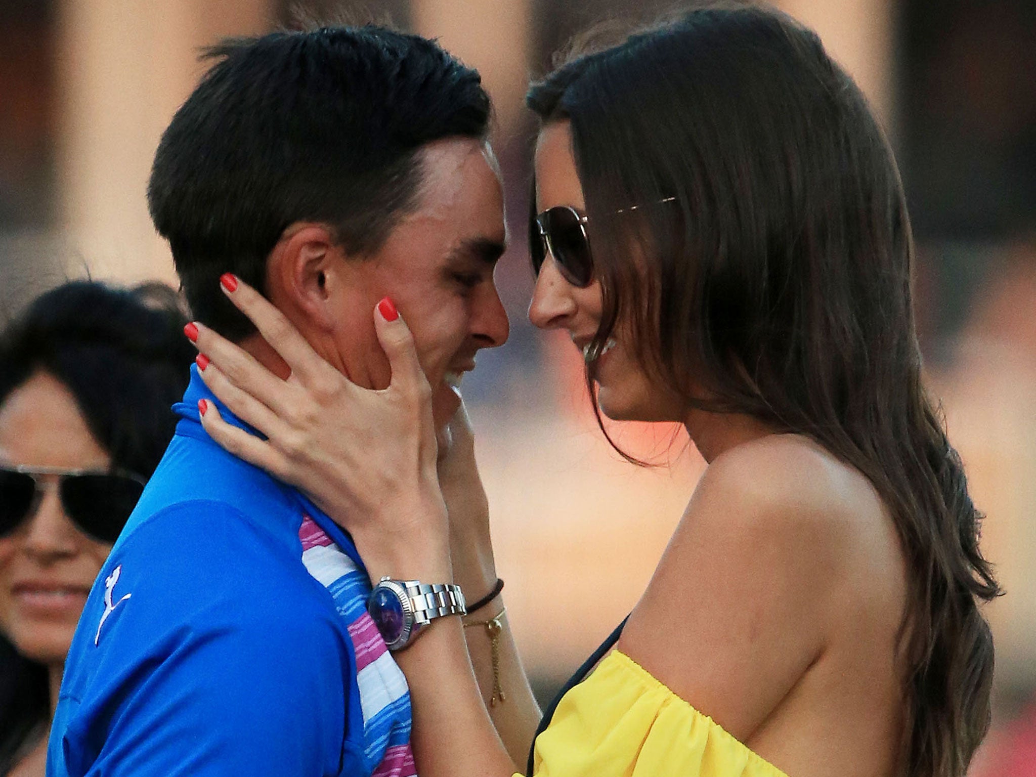 Rickie Fowler celebrates his Player Championship victory with girlfriend Alexis Randock