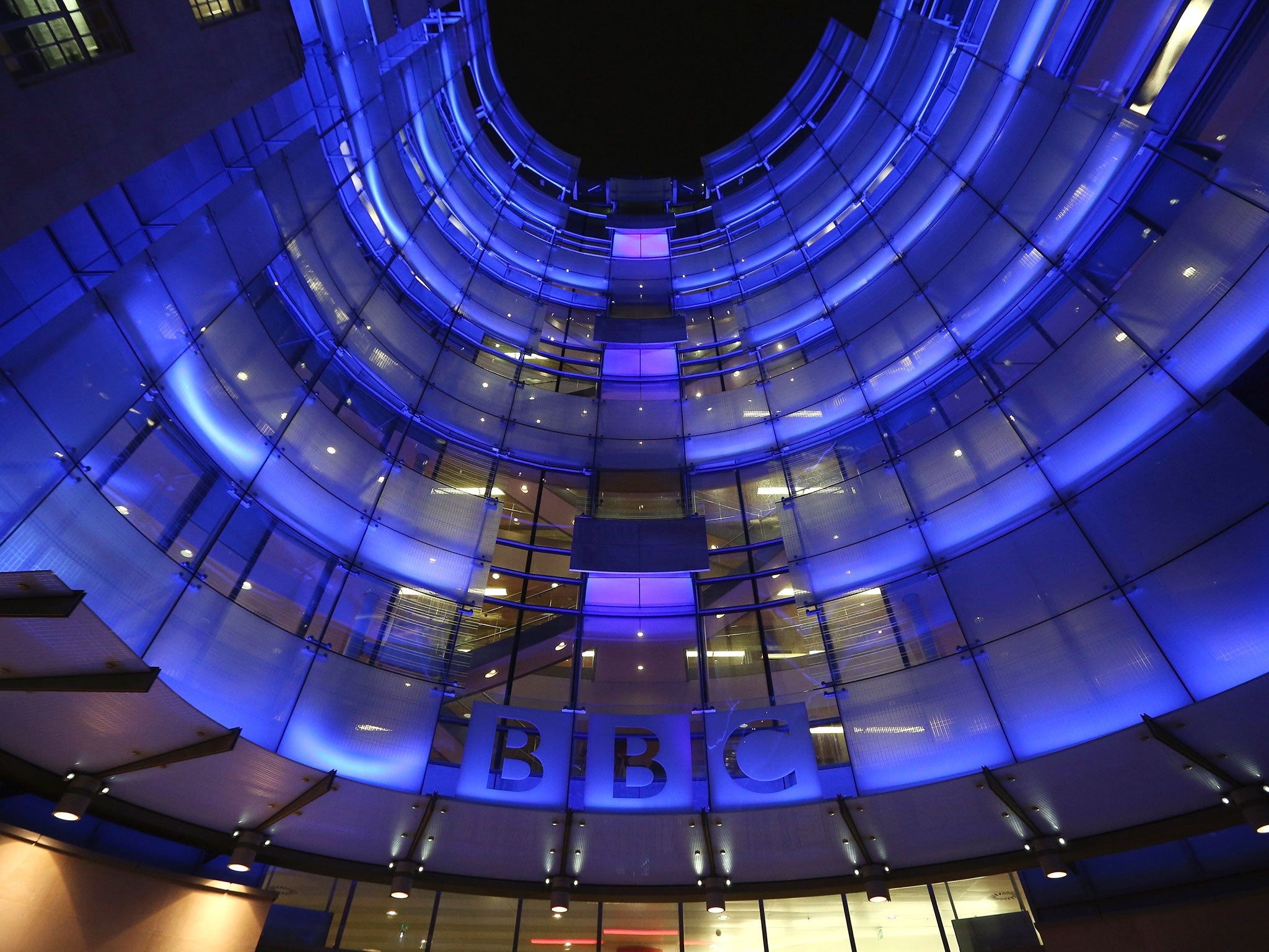 The BBC headquarters at New Broadcasting House is illuminated at night on November 13, 2012 in London, England