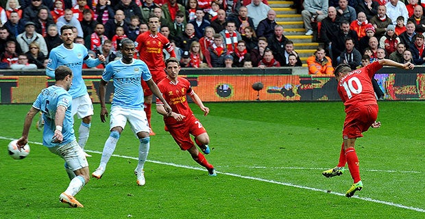 Coutinho scores the winner in Liverpool's 3-2 victory over City in April 2014