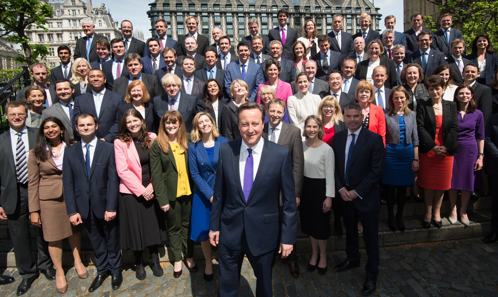 Prime Minister David Cameron poses for a photo with the newly elected Conservative Party MPs in Palace Yard on May 11, 2015 in London, England