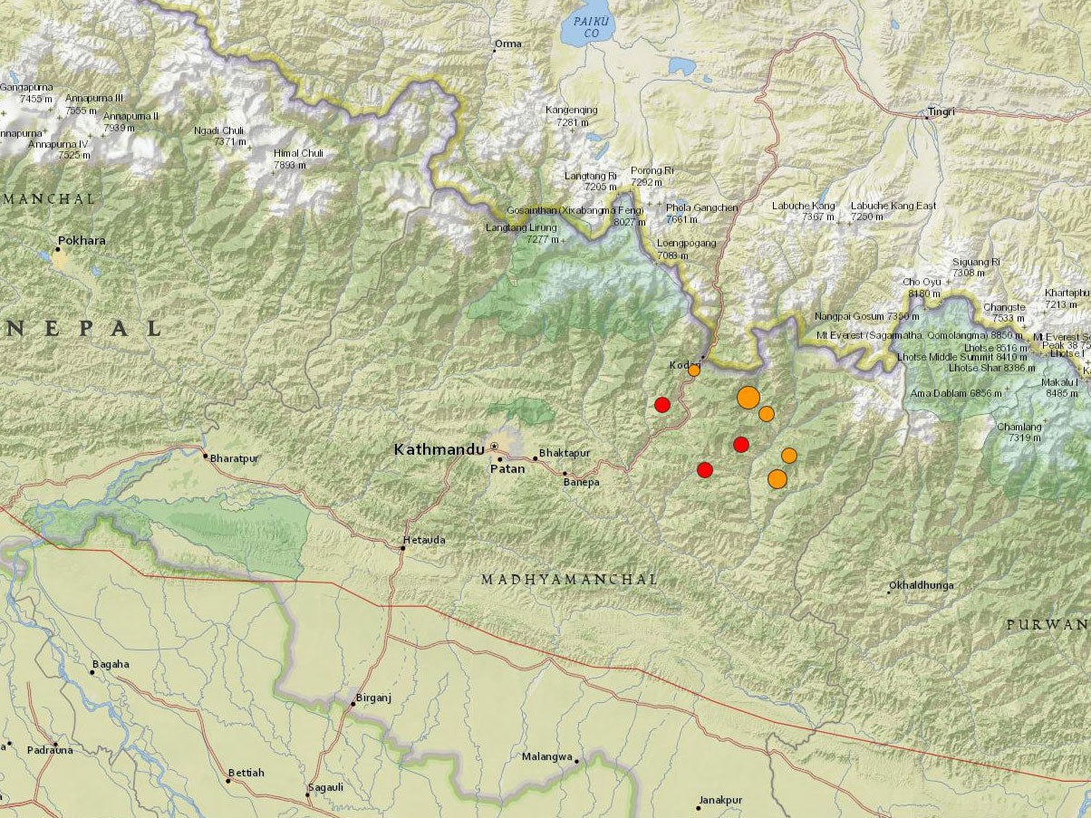 The US Geological Survey's map of the earthquake and aftershocks in the following two hours