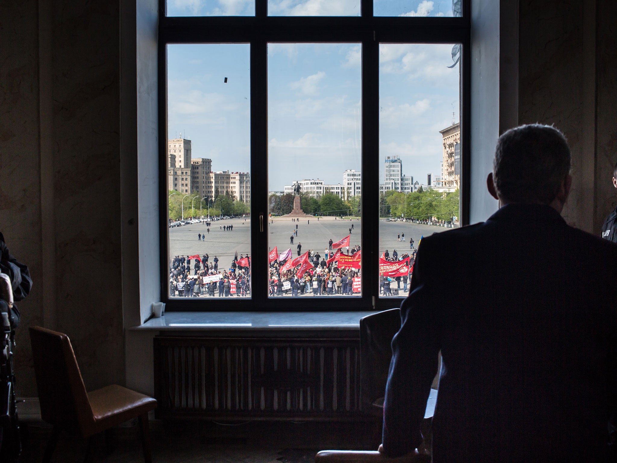 Separatists holding a rally in Kharkiv last year, where some of the largest crowds in the country gathered in support of Russia; such events have become much smaller and short lived recently