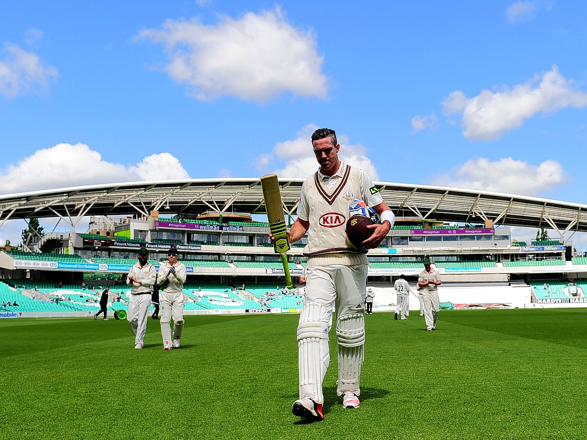 Surrey’s Kevin Pietersen walks off at the Oval after finishing on 355 not out