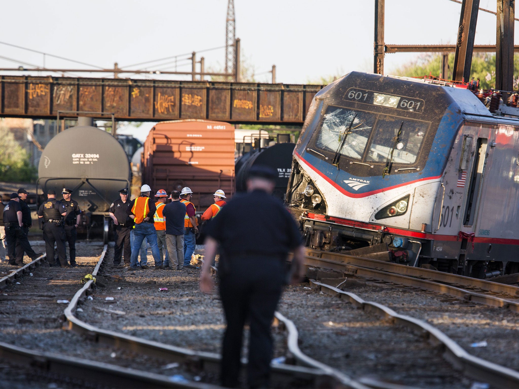 Emergency responders survey the wreckage after the crash in Philadelphia