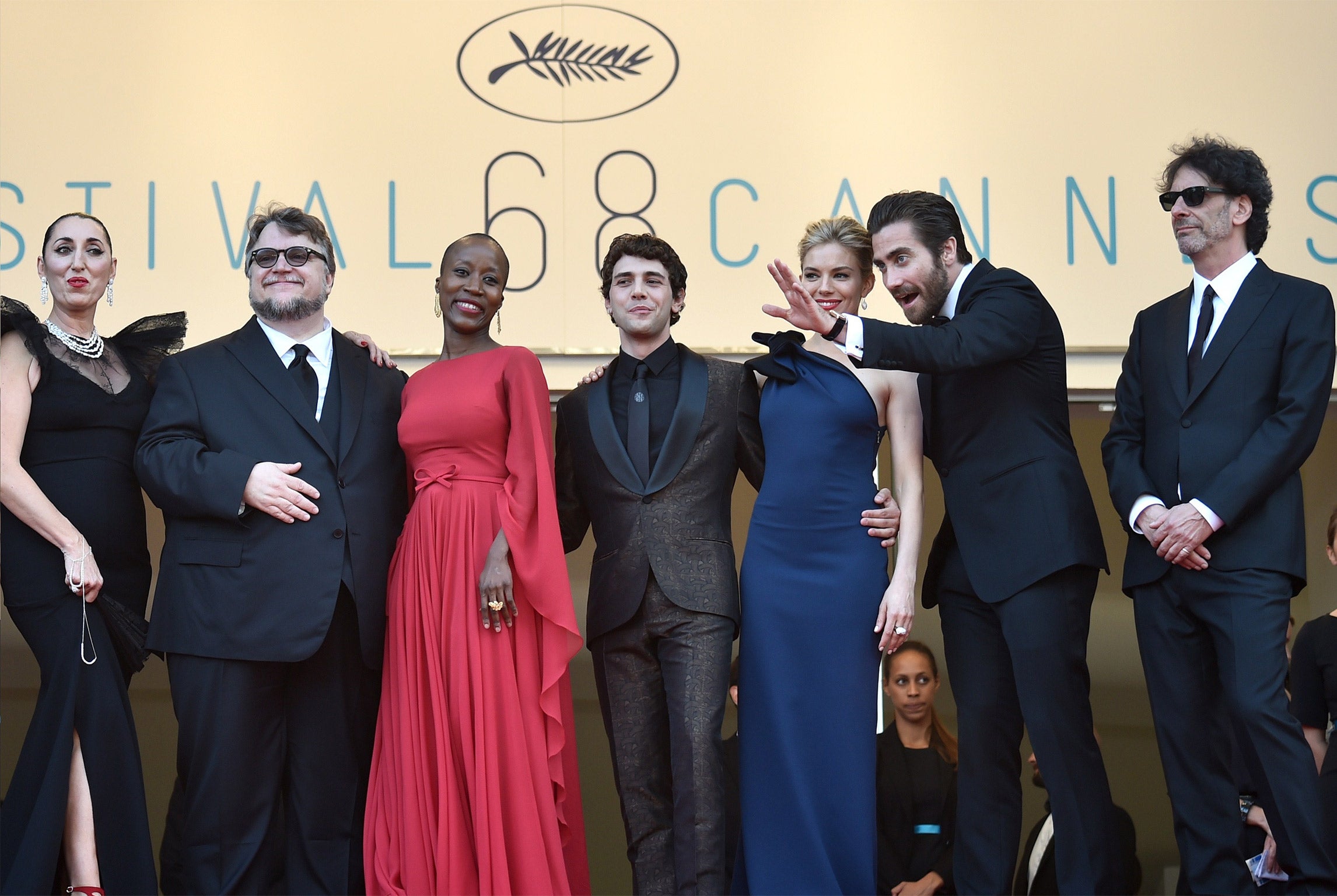 Jury members, from left: Spanish actress Rossy de Palma, Mexican director Guillermo del Toro, Malian singer/songwriter Rokia Traore, Canadian director Xavier Dolan, British actress Sienna Miller, US actor Jake Gyllenhaal and US director and President of the Feature Film jury Joel Coen