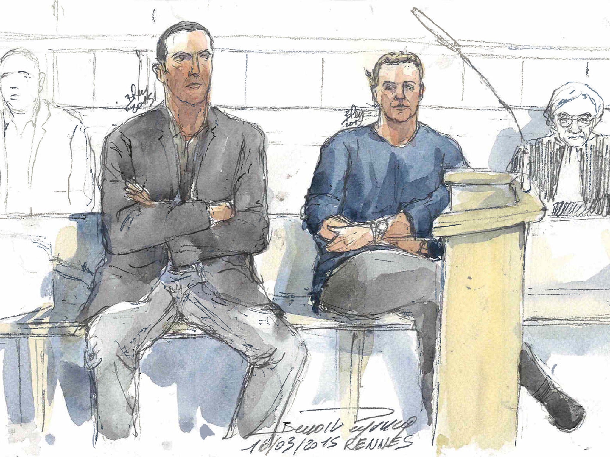 A file court sketch shows French police officers Sebastien Gaillemin and Stephanie Klein