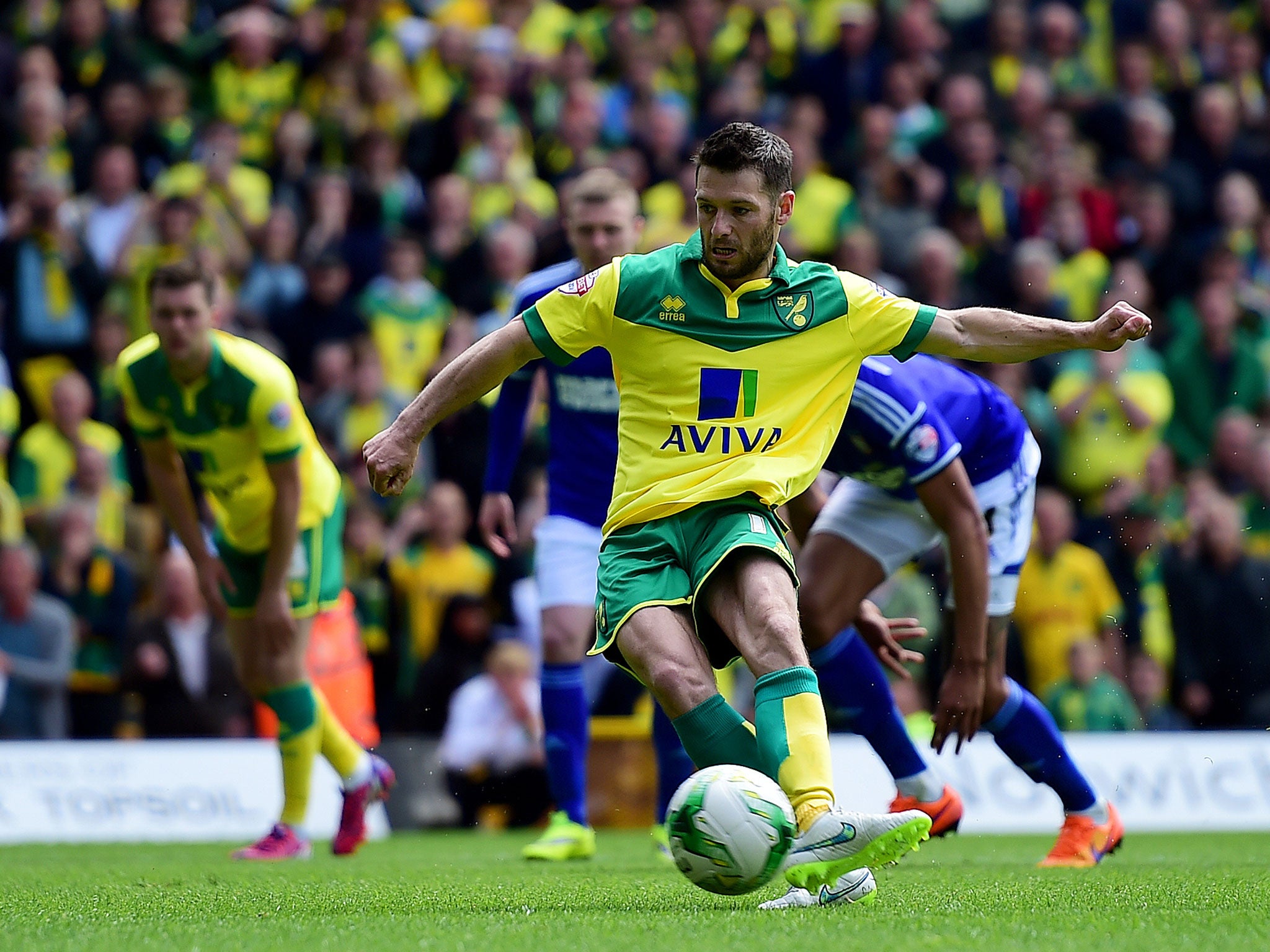 Wes Hoolahan scores from the penalty spot against Ipswich