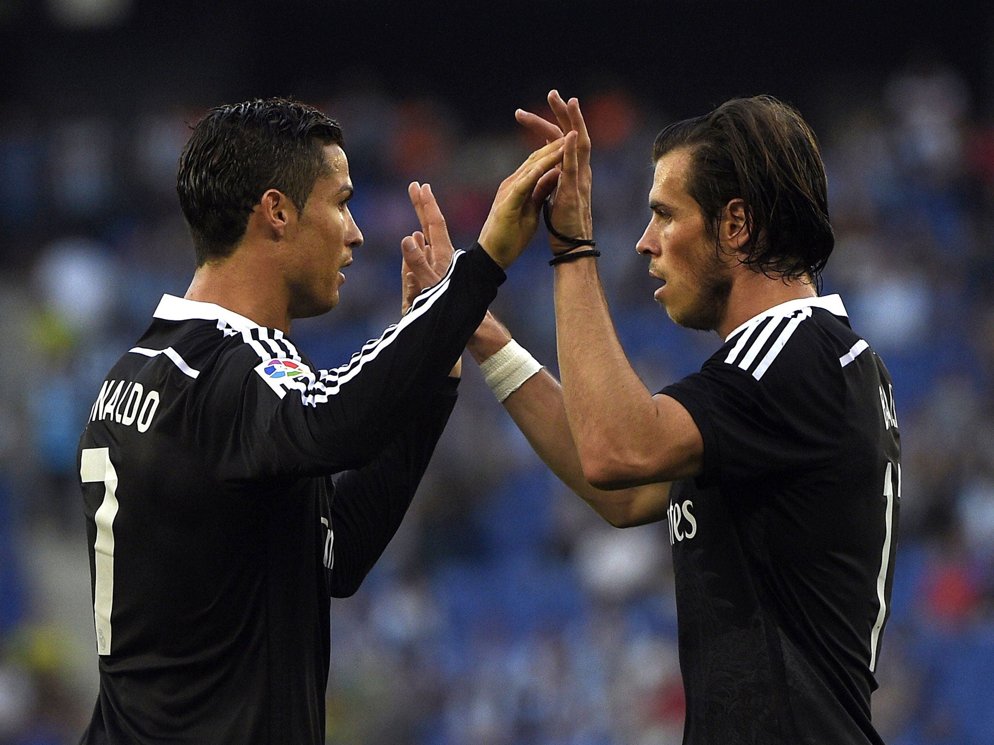 Bale and Ronaldo celebrate the latter scoring against Espanyol