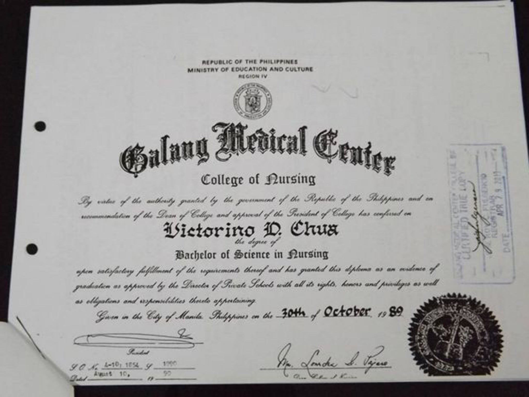 Victorino Chua's certificate from the Galang Medical Centre, which is now closed, rated one of the worst in the Philippines