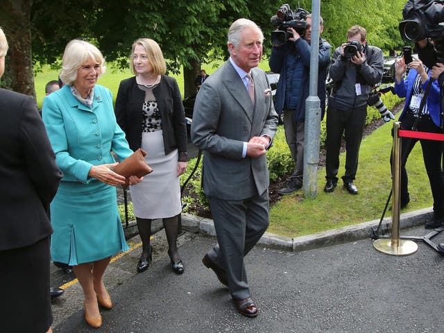 Prince Charles (centre) and Camilla Duchess of Cornwall (left) arrive at National University of Ireland,  Galway, Ireland