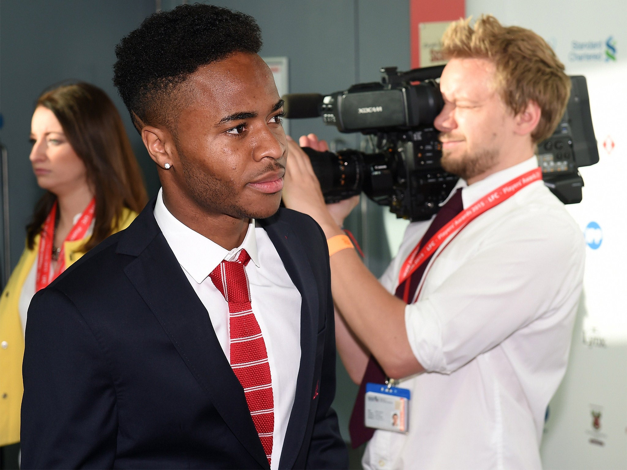 Raheem Sterling arrives at Liverpool’s awards evening at the Echo Arena on Tuesday night, where he won the vote for young player of the year