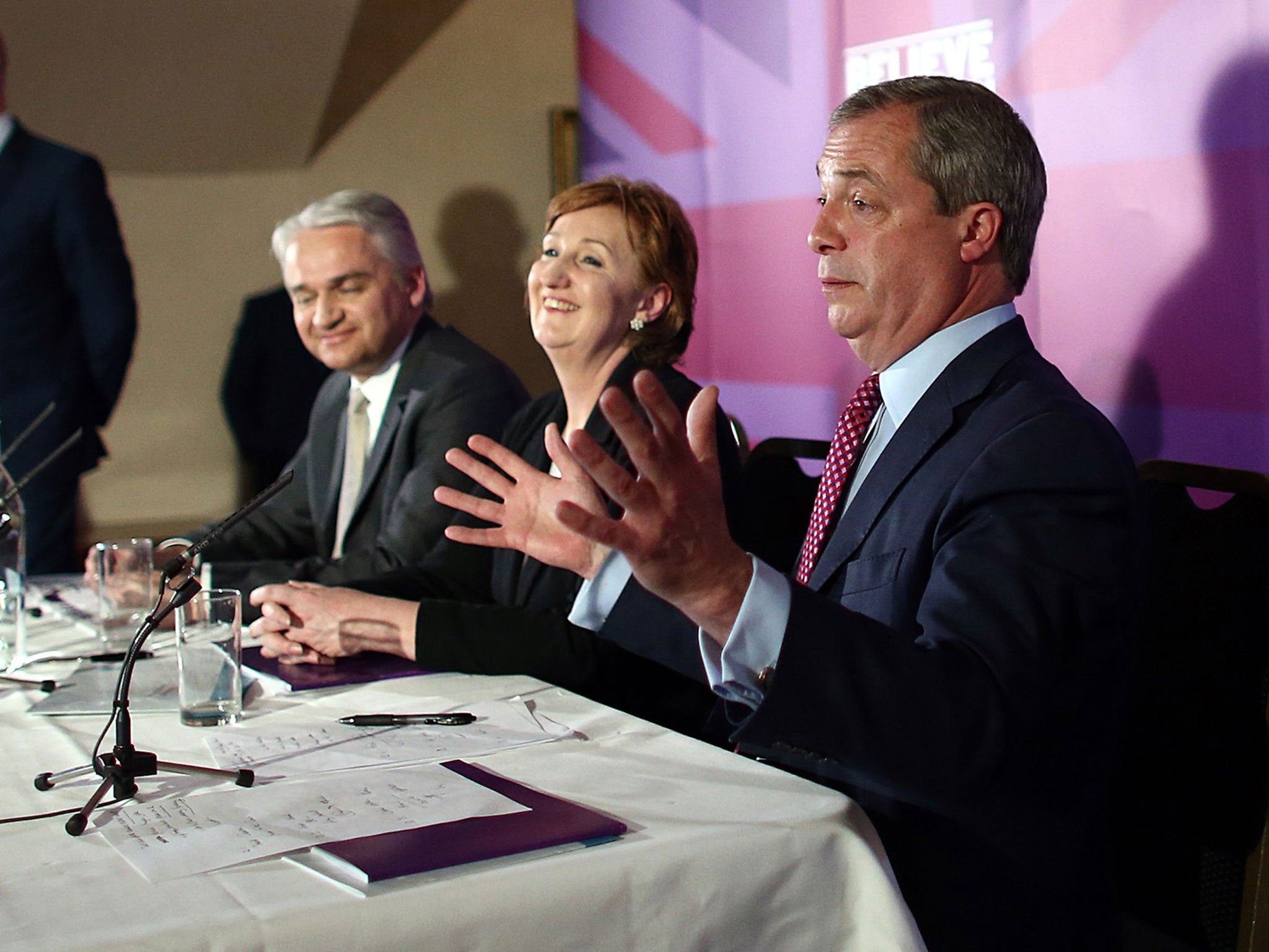 Patrick O'Flynn, Suzanne Evans and Nigel Farage in April (Getty)