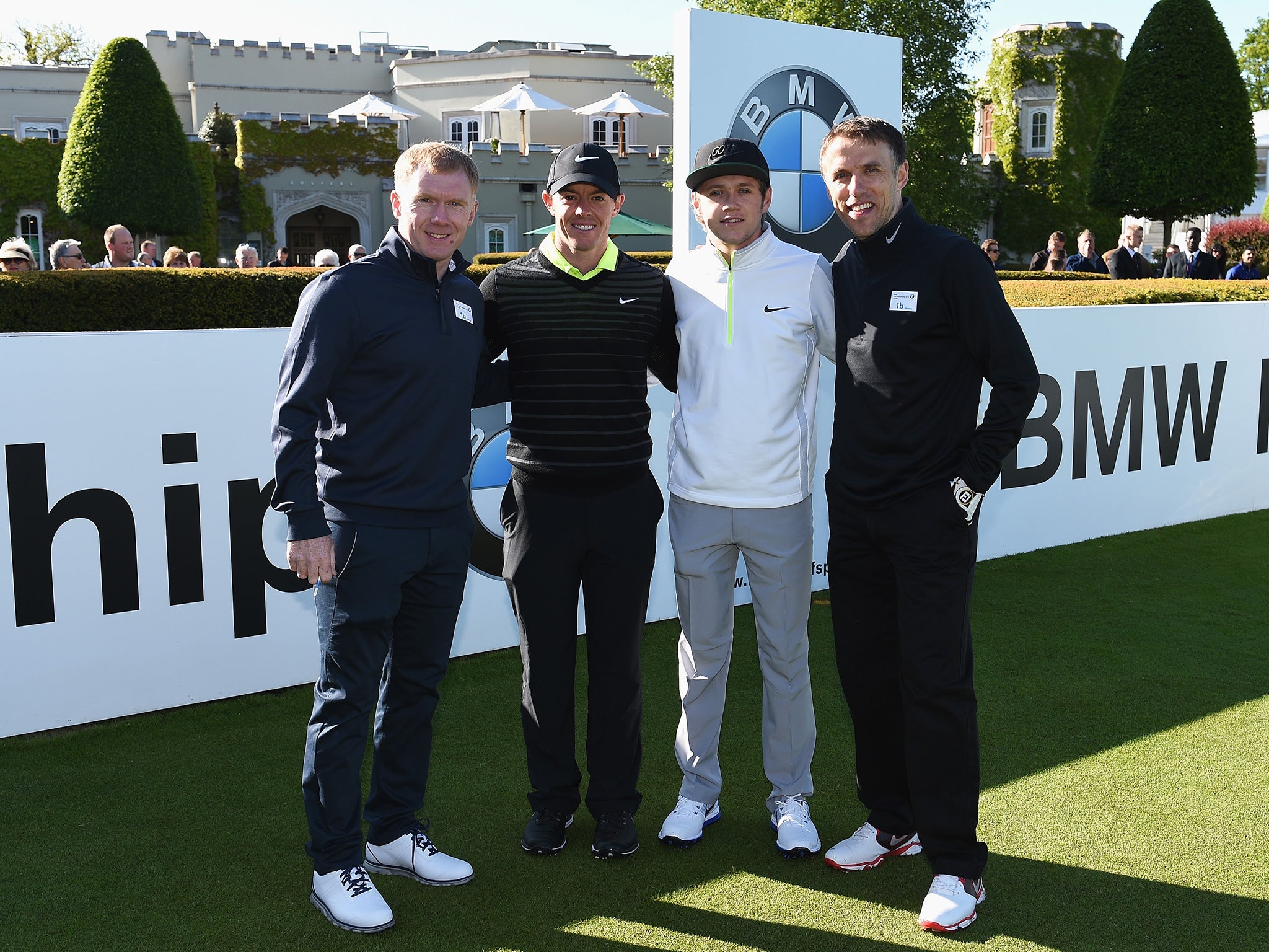 L to R: Paul Scholes, Rory McIlroy, Niall Horan and Phil Neville during the Pro-Am round at Wentworth