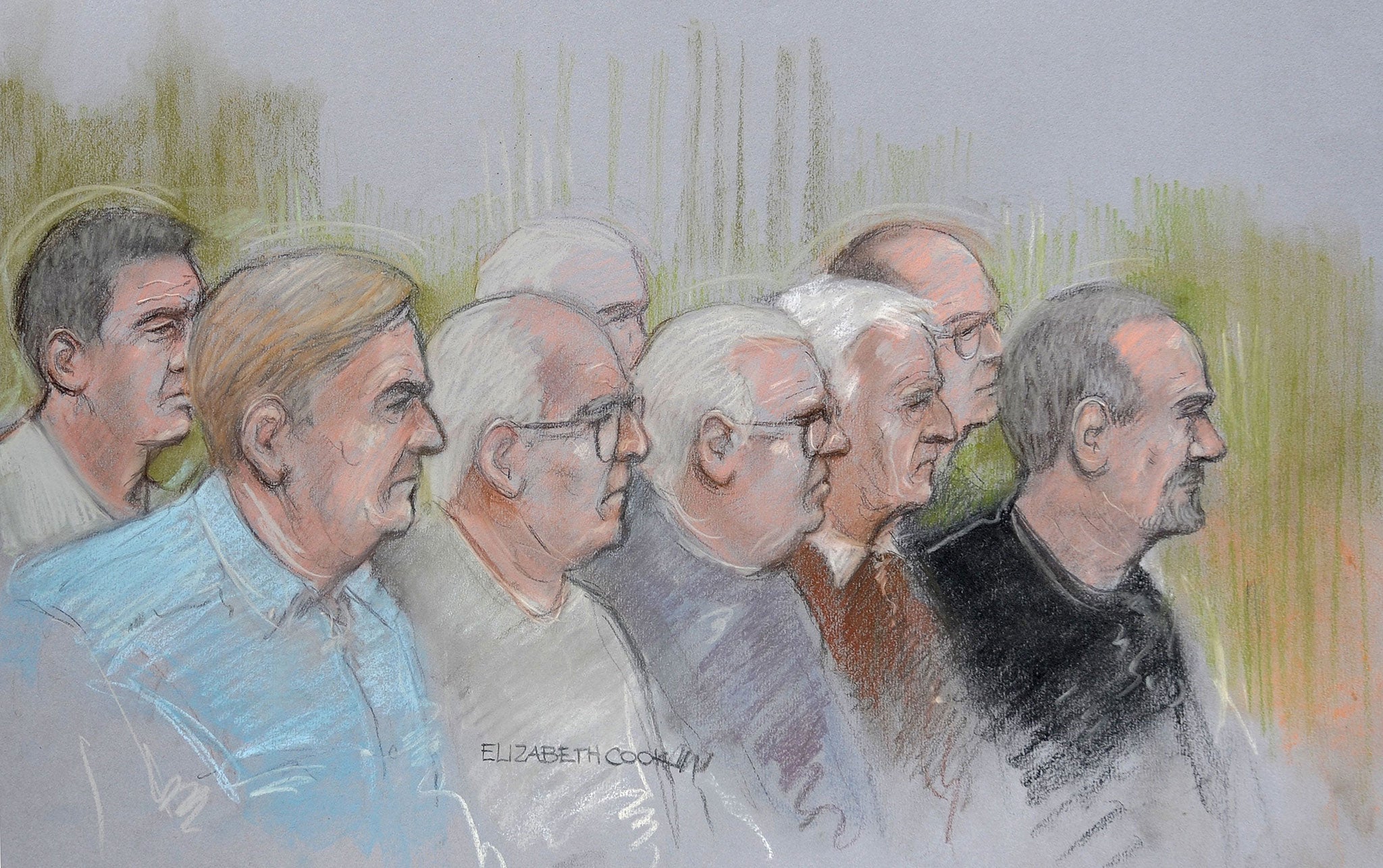 Court artist sketch by Elizabeth Cook of the defendants making their first appearance at Westminster Magistrates Court in London on Thursday