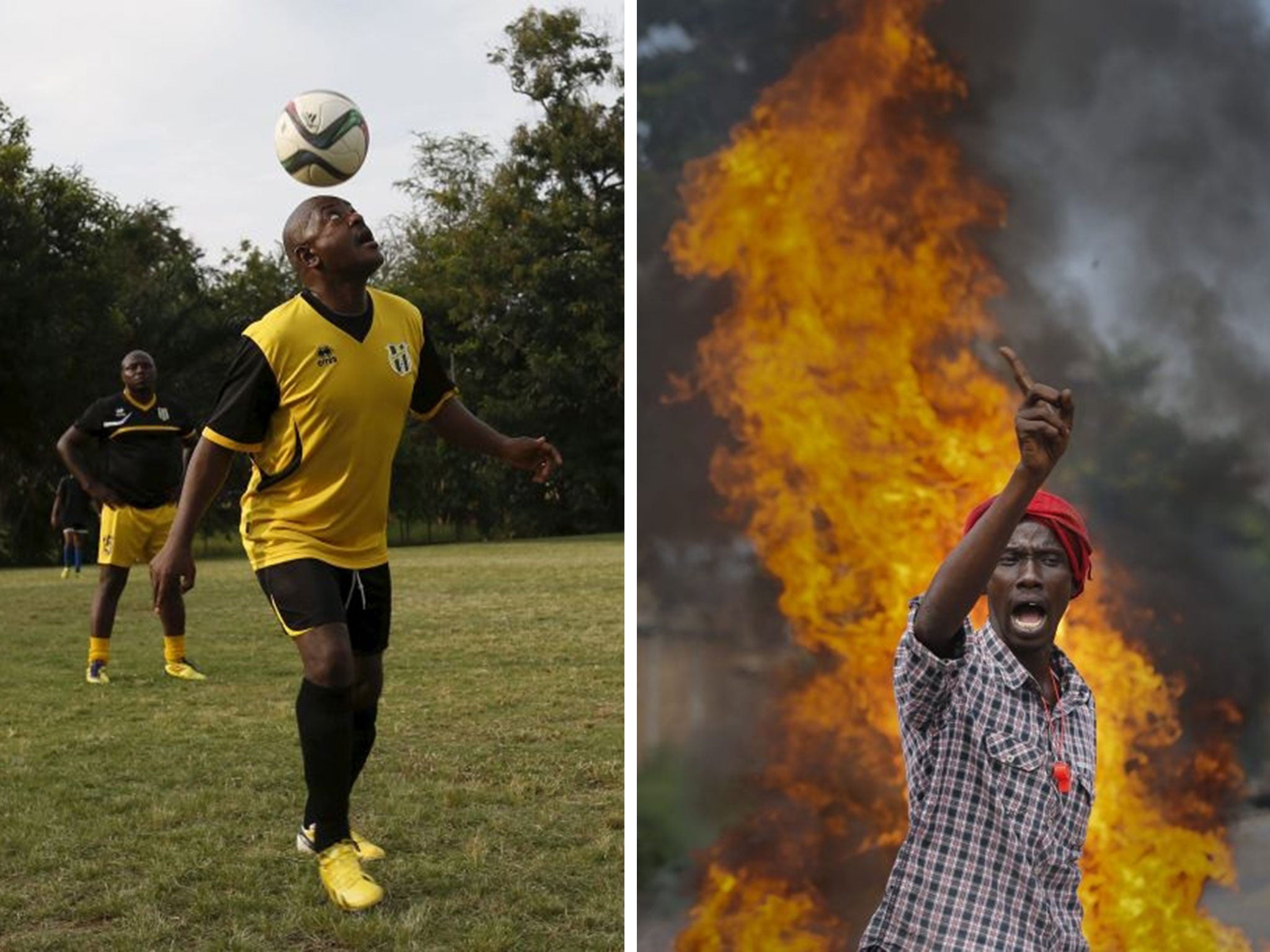 A Burundian protester reacts in front of a burning barricade during an anti-government demonstration in the capital Bujumbura, Burundi, 21 May 2015.