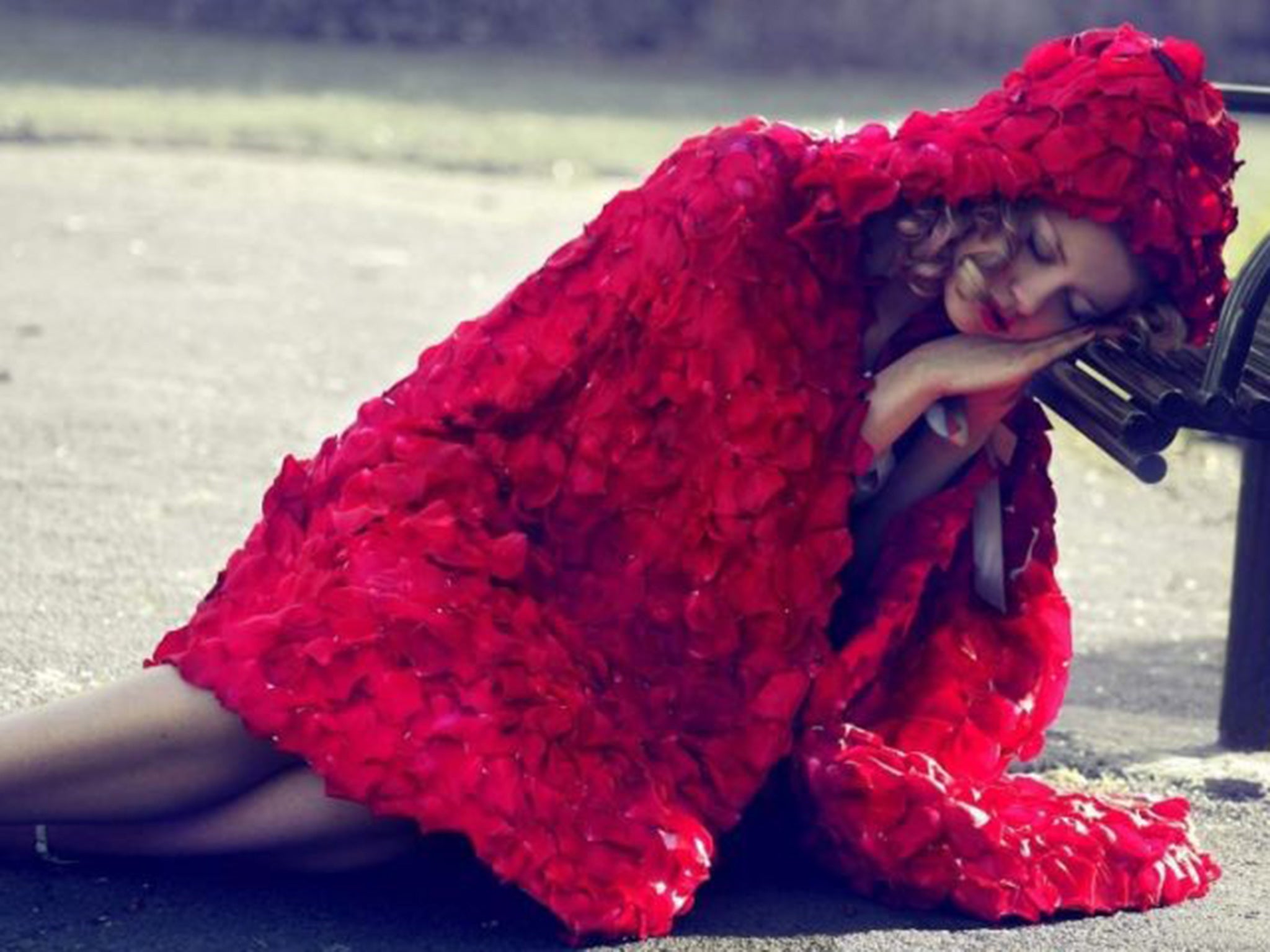 Little Red Riding Hood cape made using more than 1,000 red rose petals