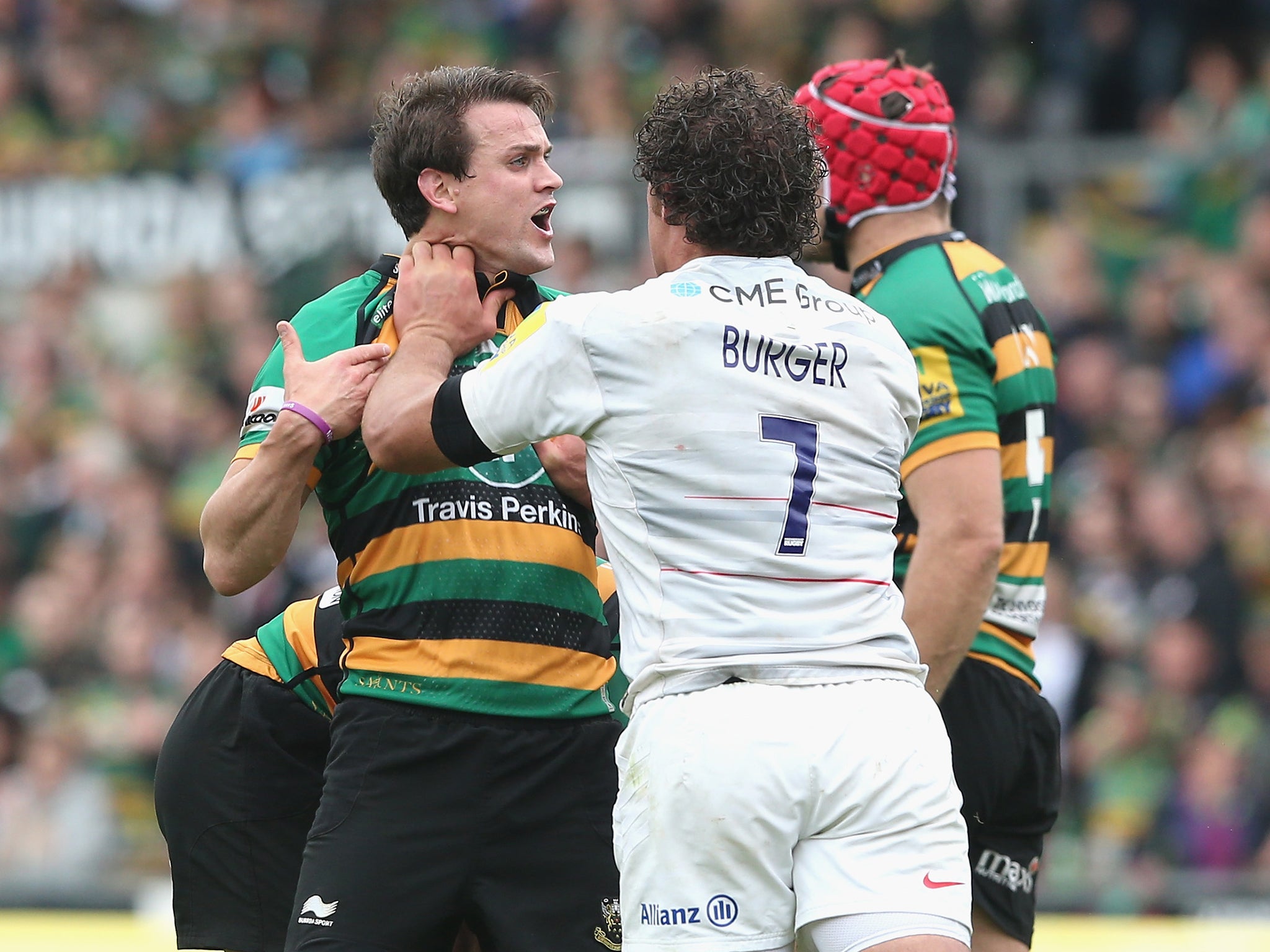 Jacques Burger grabs Lee Dickson after the pair clash