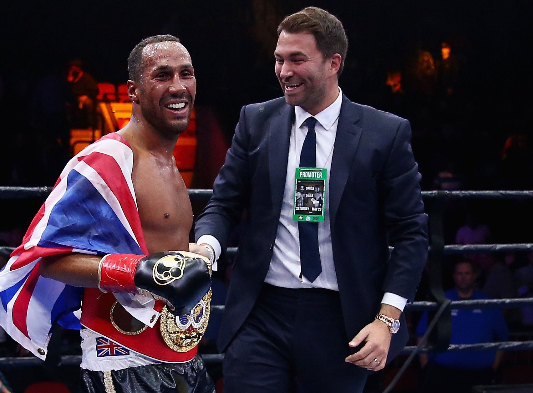 James DeGale celebrates his win over Andre Dirrell with promoter Eddie Hearn.