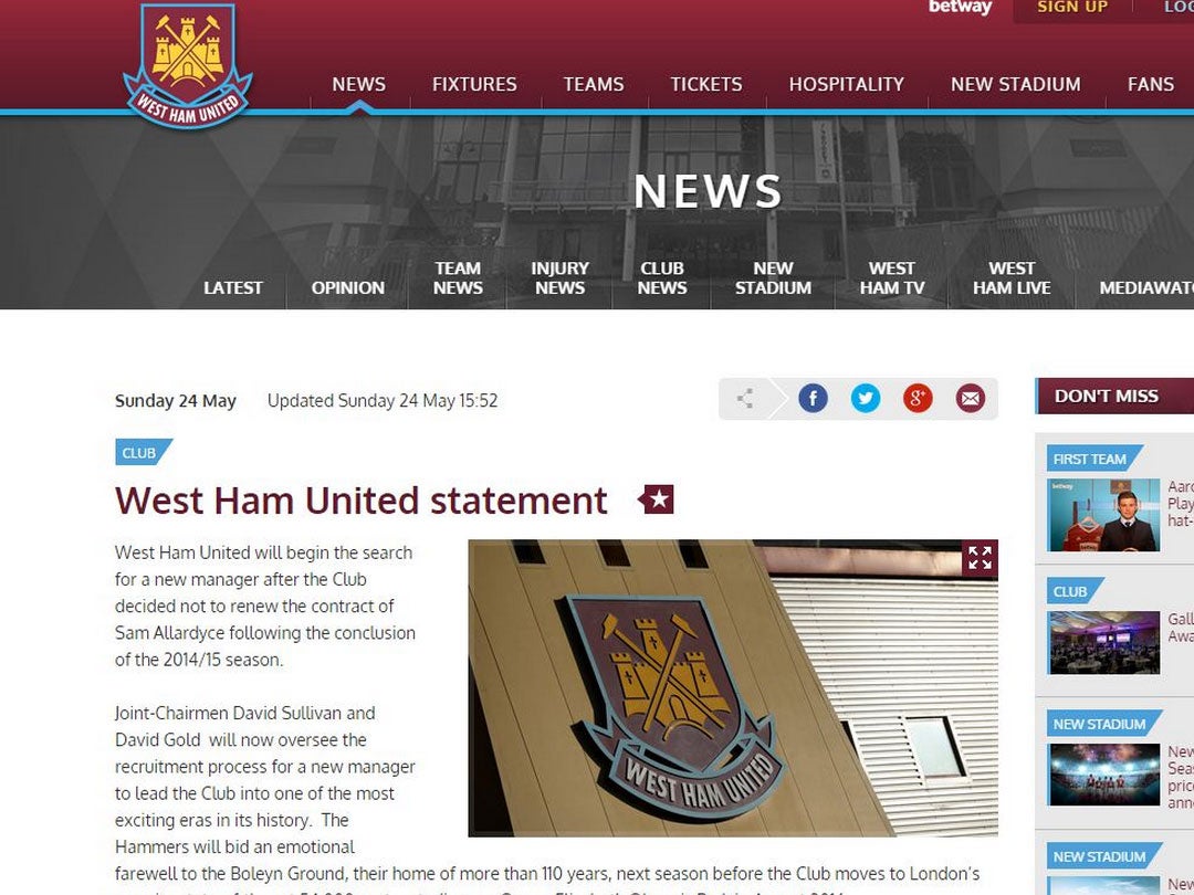 The article on the West Ham website, which shows it was published at 15:52