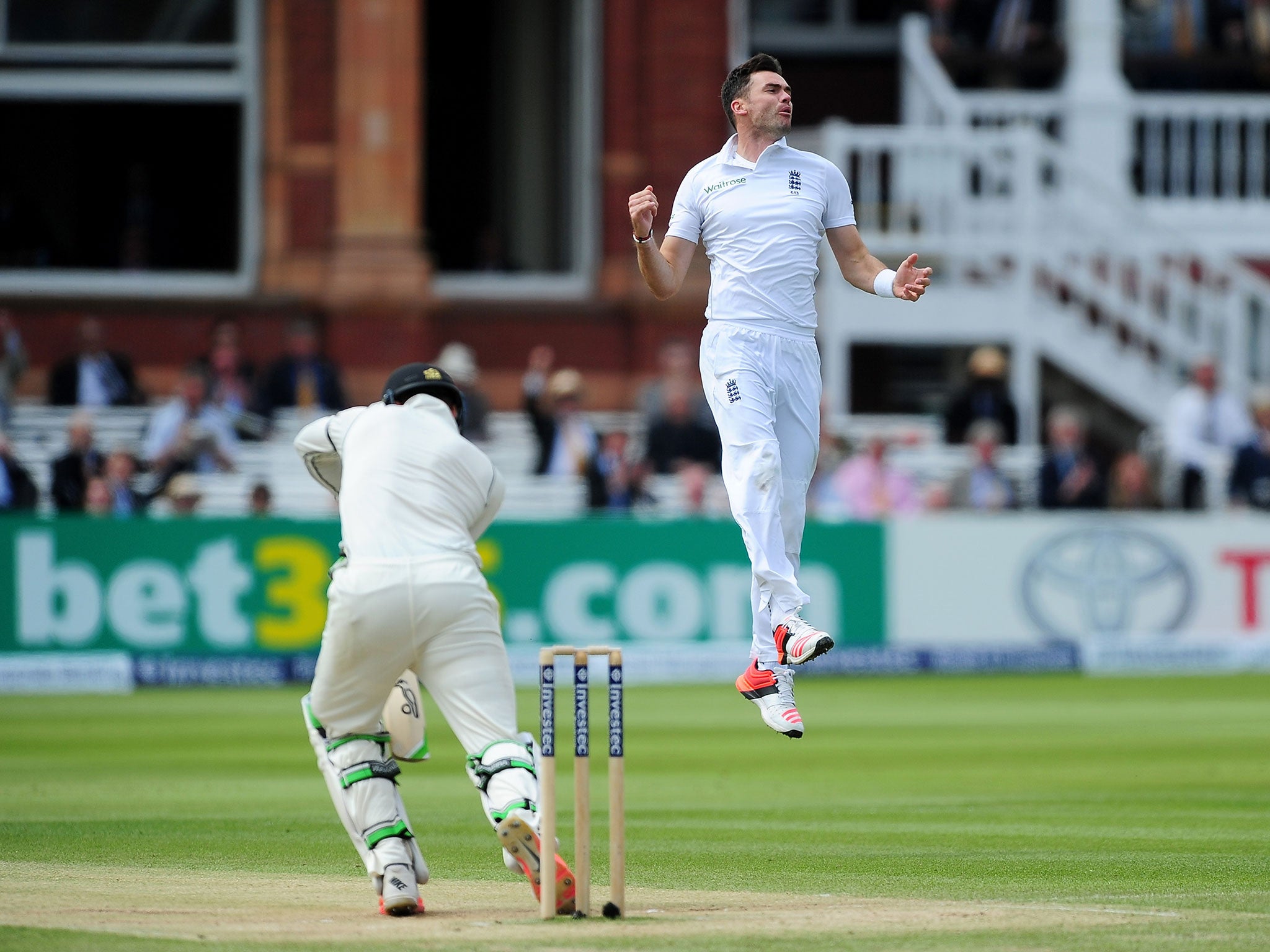 James Anderson celebrates taking the wicket of Martin Guptill