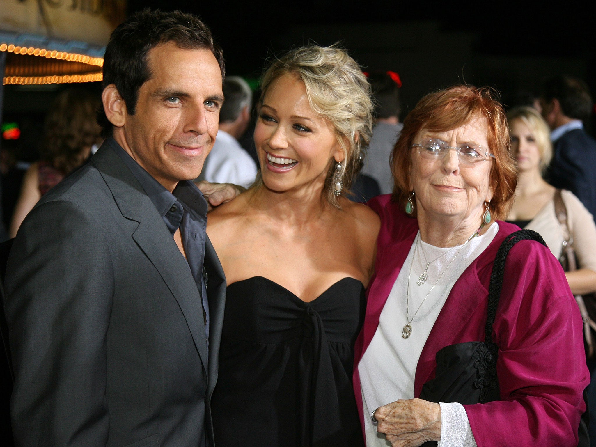 Anne Meara with her actor son, Ben Stiller, and his wife, Christine Taylor