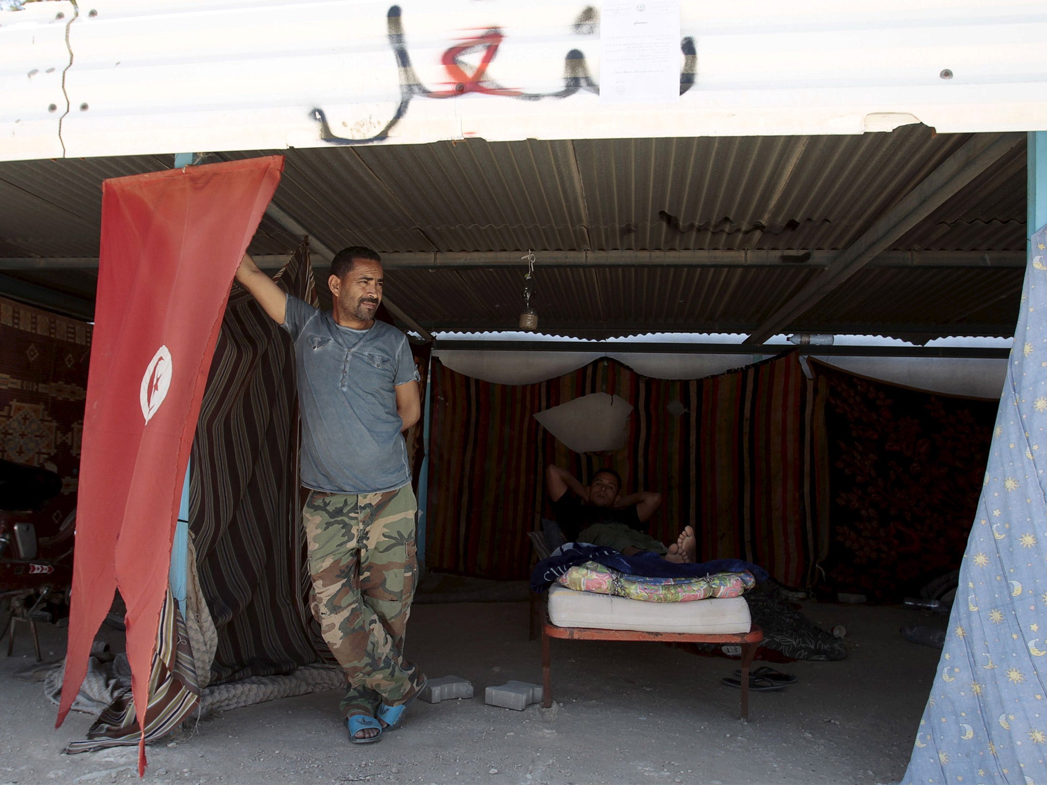 Protesters in tents in Métlaou. The unemployed have blockaded mines