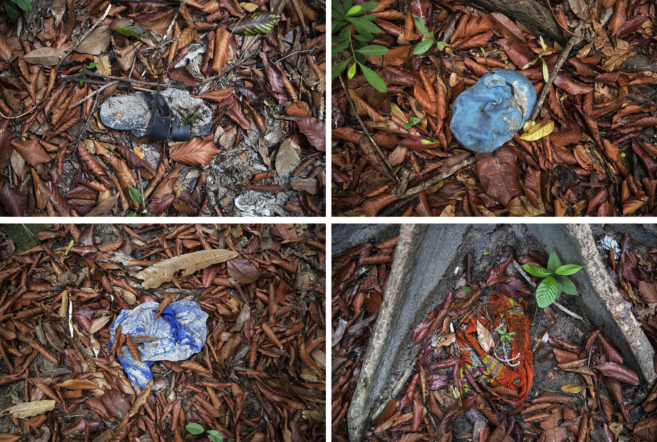 Clothes photographed near an abandoned human trafficking camp in the jungle close the Thailand border in Perlis, northern Malaysia