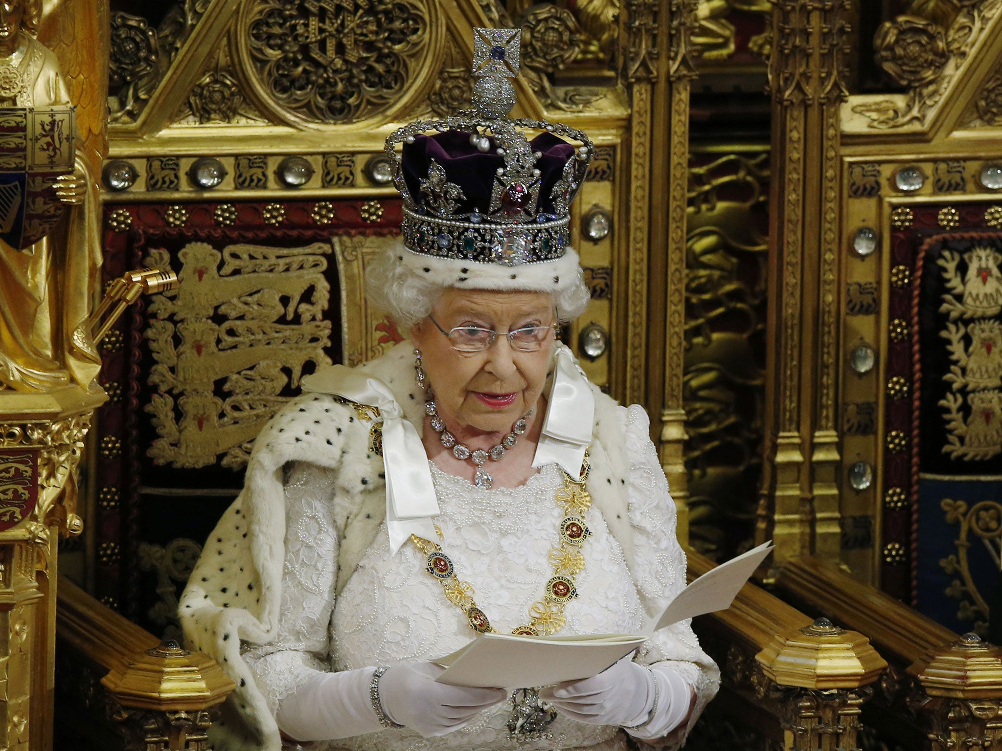 Queen Elizabeth II delivers her speech to the House of Lords in the Palace of Westminster during the State Opening of Parliament