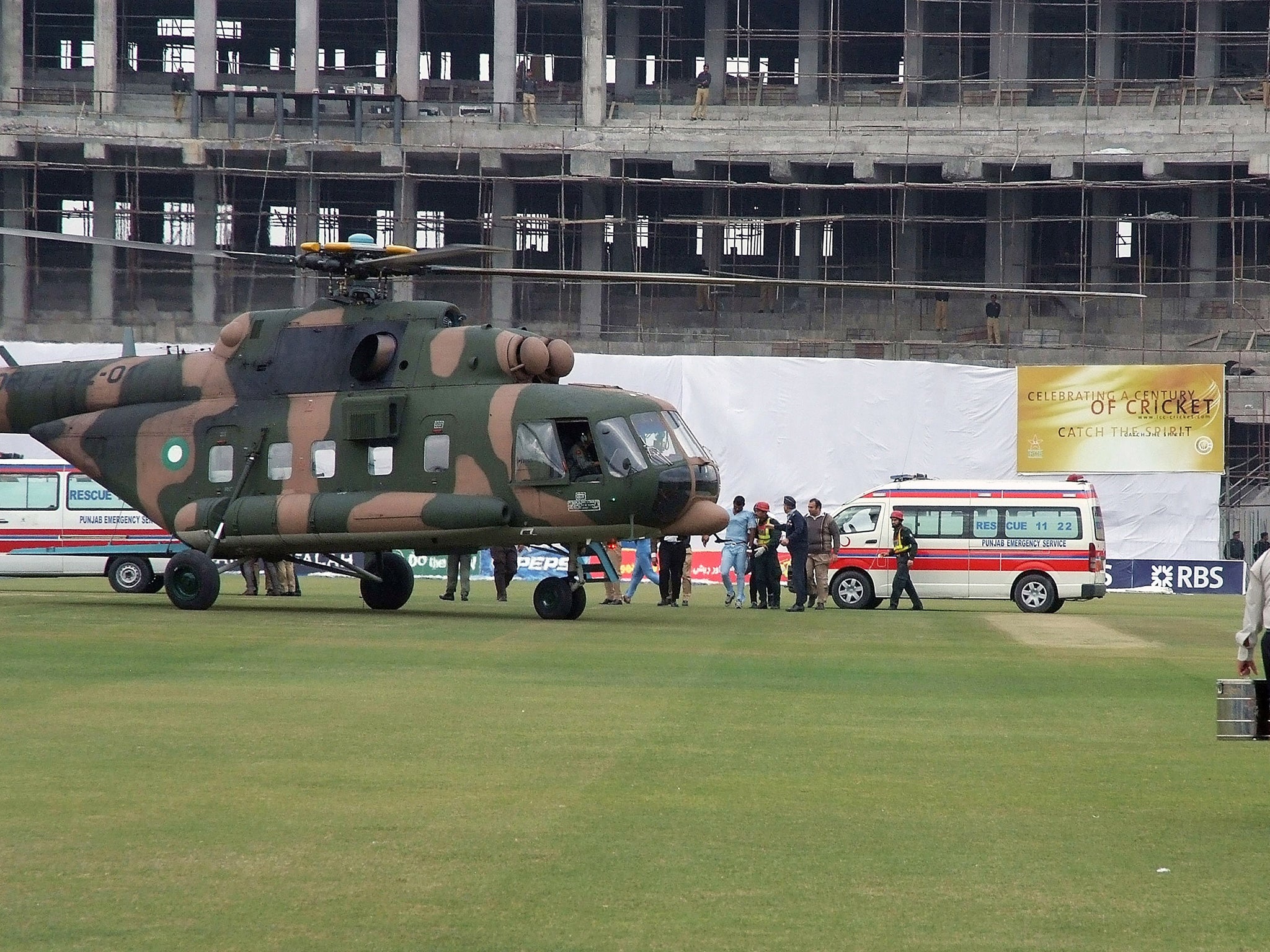 The Sri Lanka cricket team board a helicopter after the Lahore terrorist attack