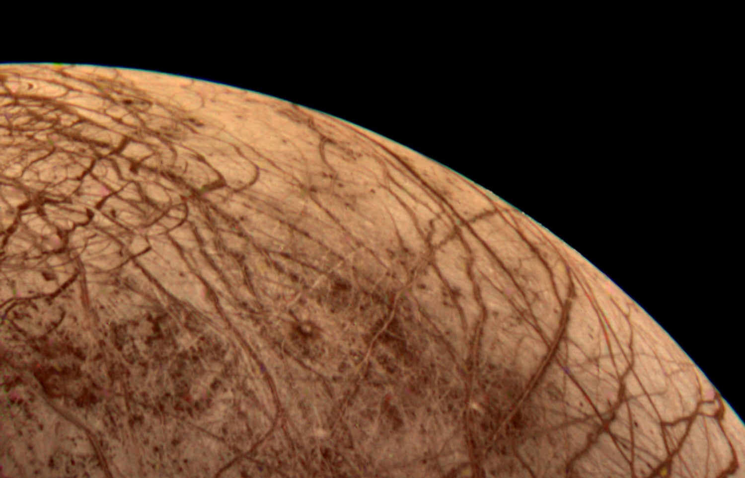 The Jovian moon of Europa seen by Voyager 2 during its close encounter on Monday morning, 9 July, 1979.