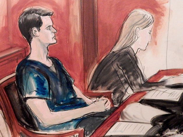 In this courtroom sketch, Ross William Ulbricht is seated in court and awaits sentencing Friday, May 29, 2015 in New York. (credit: AP/ Elizabeth Williams)