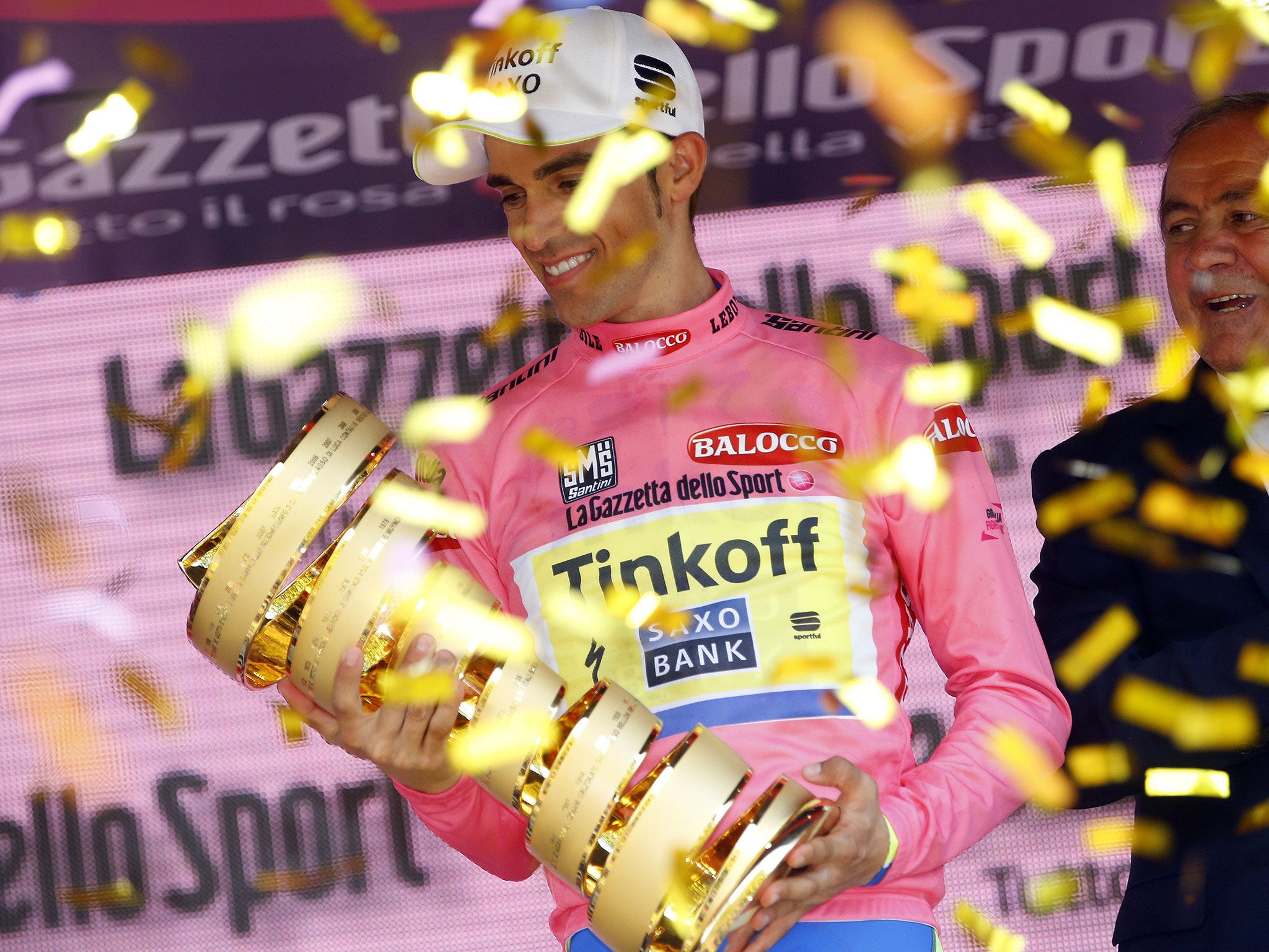 Alberto Contador celebrates after winning the Giro d'Italia