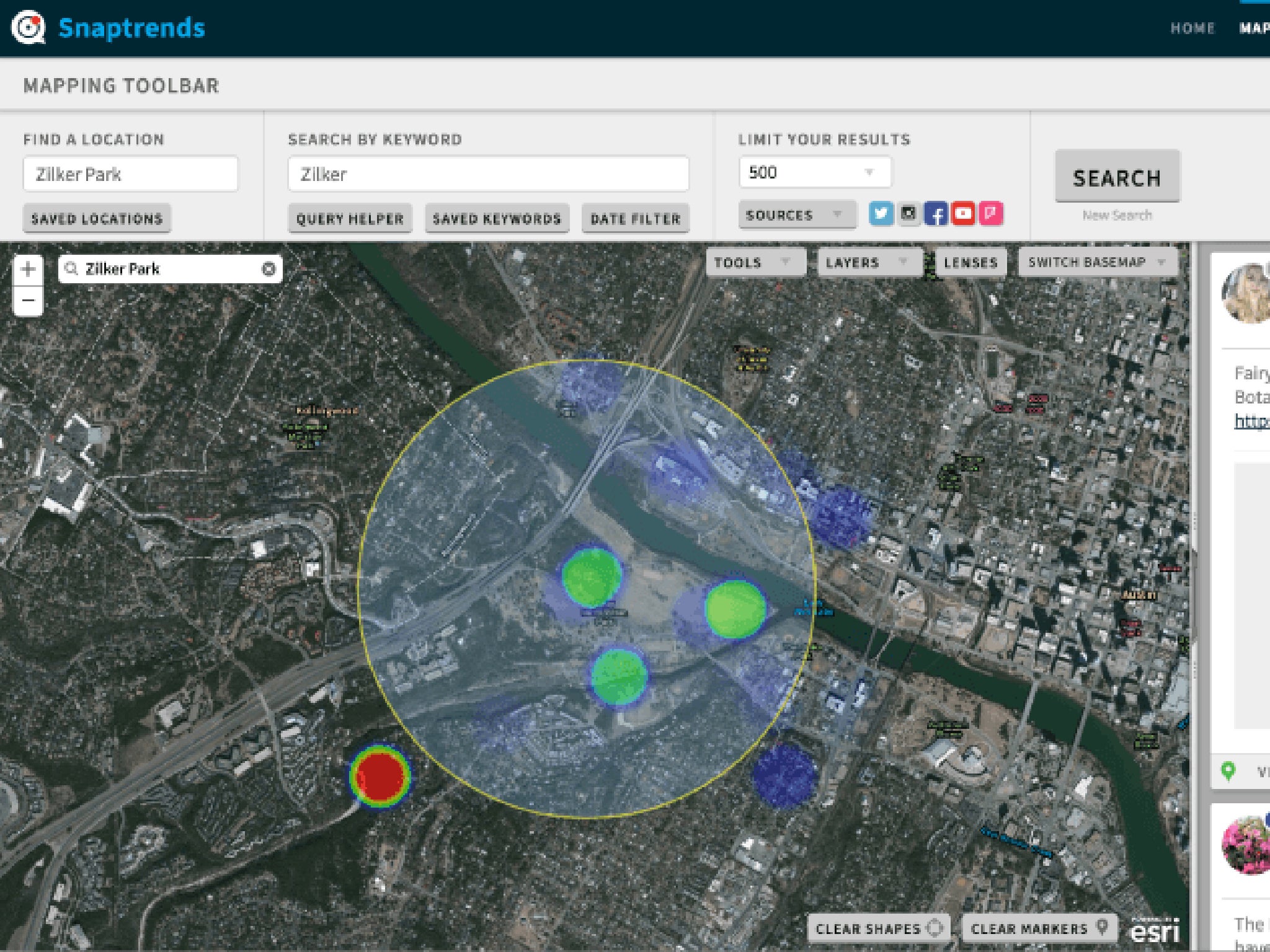 A screenshot from Snaptrends' monitoring screen, which allows users to see where tweets have come from even if they aren't tagged with location data