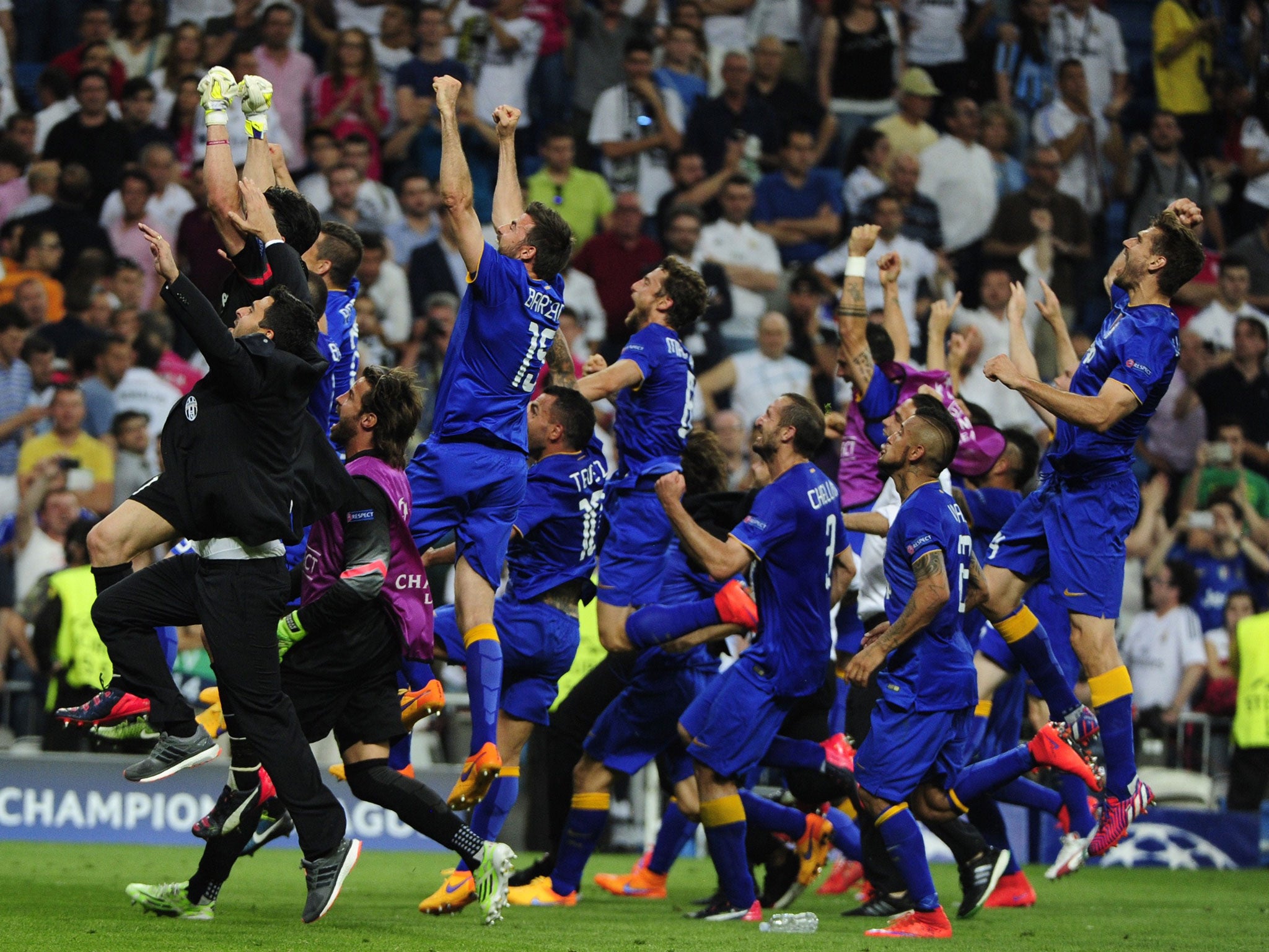 Juventus celebrate after overcoming holders Real Madrid in the semi-final