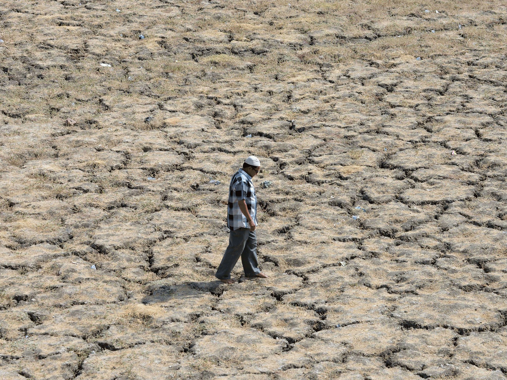 An Indian man walks across the dried-out bed of Lake Ahmad Sar as extreme heat conditions prevail in Ahmedabad