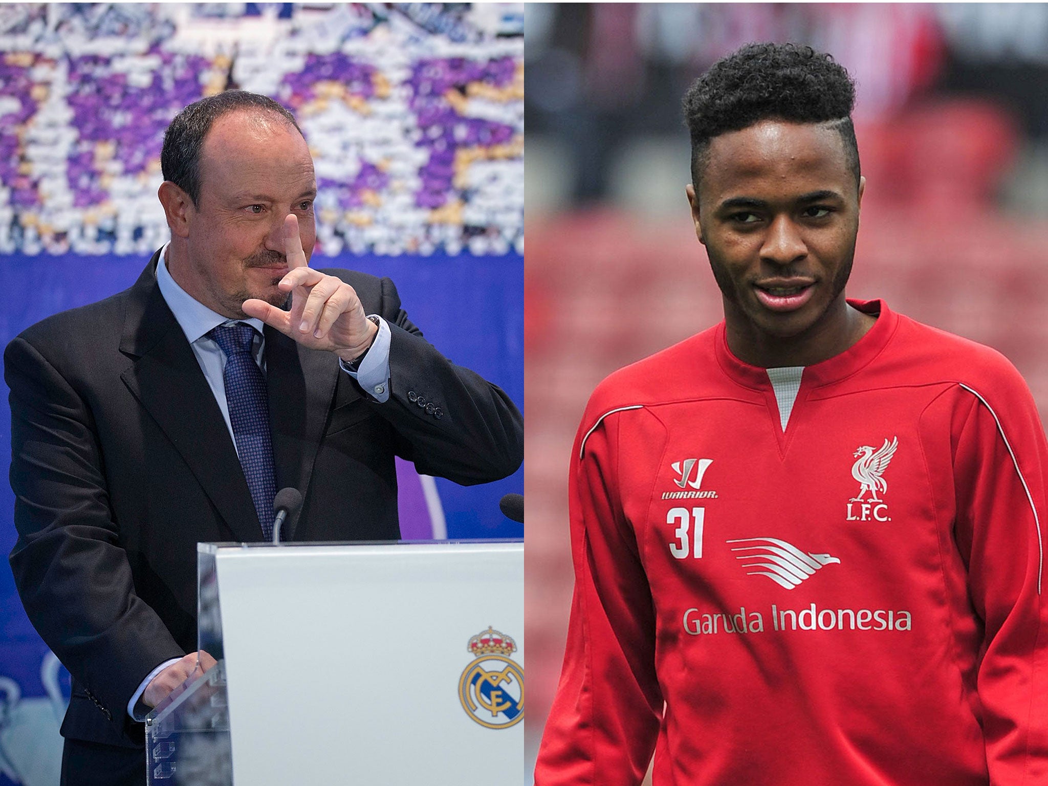 Rafa Benitez at his unveiling; Liverpool forward Raheem Sterling