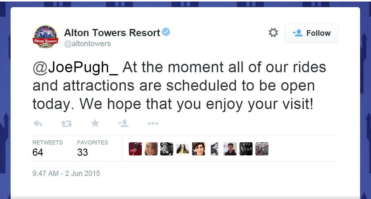 Alton Towers sent this tweet to Joe Pugh hours before he was injured in the crash