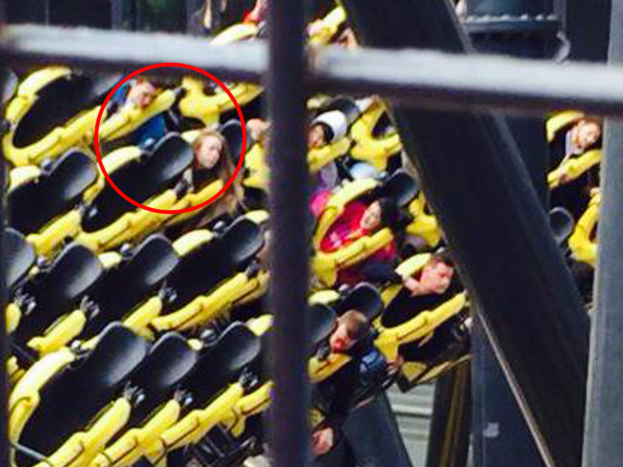 Alton Towers amusement park's Smiler rollercoaster, showing an injured passenger (centre right) after four people were seriously injured in a collision between two carriages